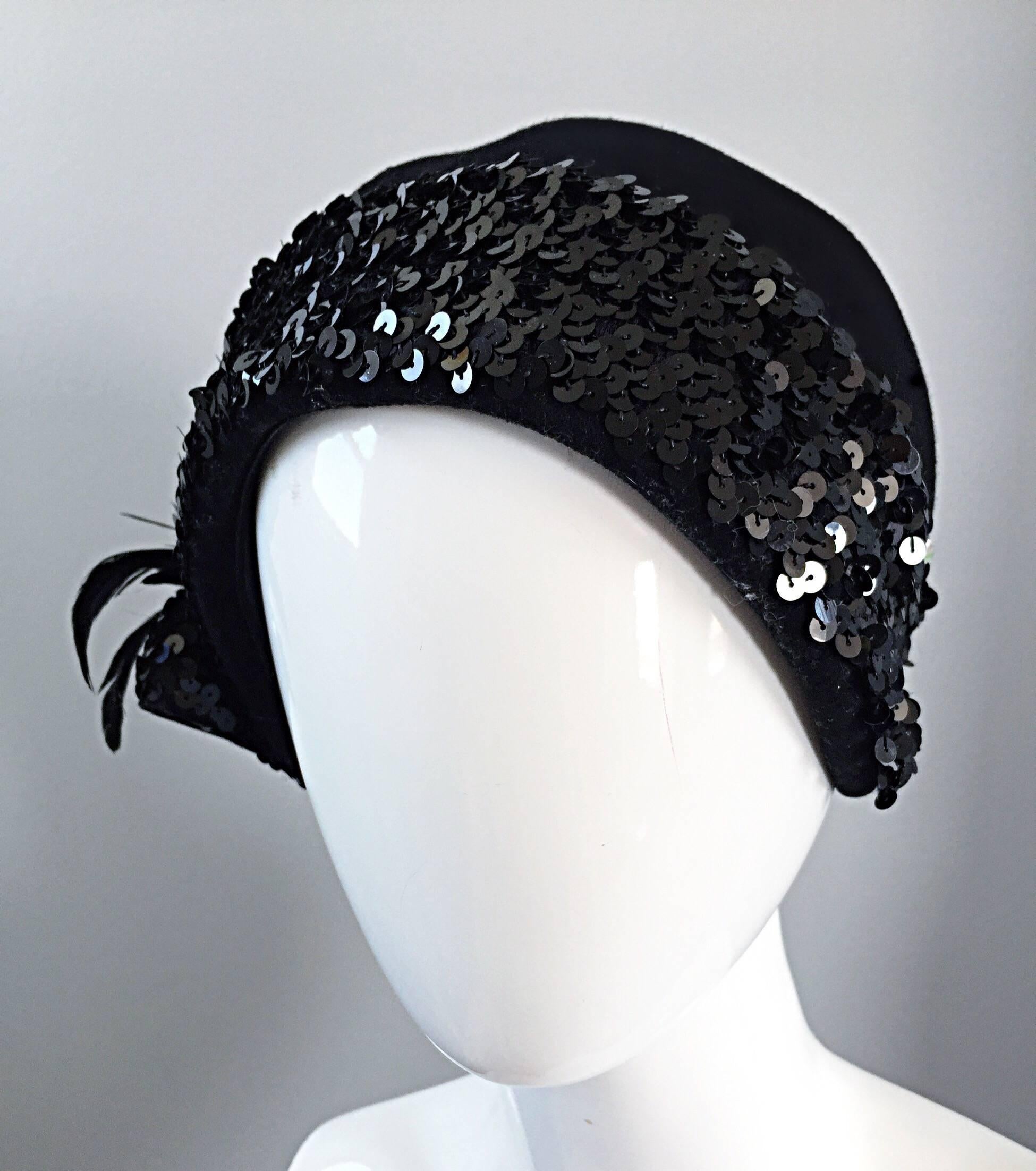 Women's 1960s Adolfo Black Sequin + Feather Vintage 60s does 20s Virgin Wool Cloche Hat 