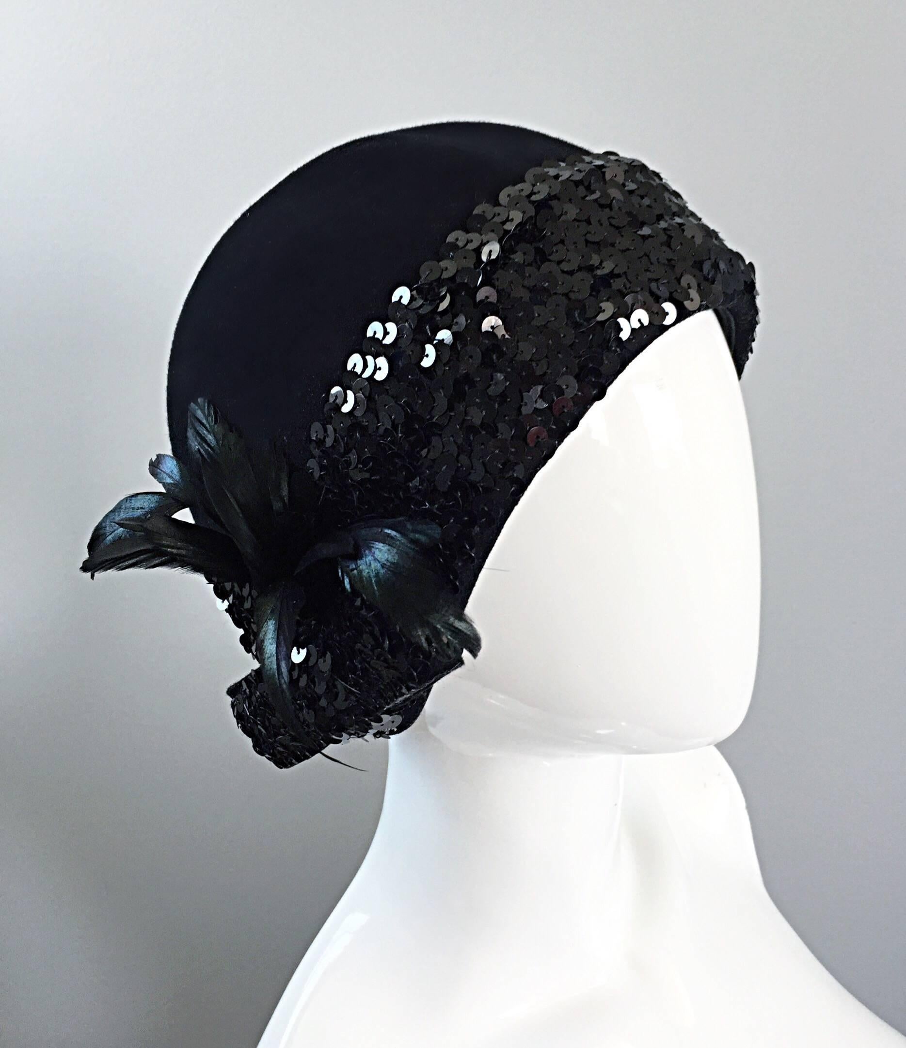 1960s Adolfo Black Sequin + Feather Vintage 60s does 20s Virgin Wool Cloche Hat  1