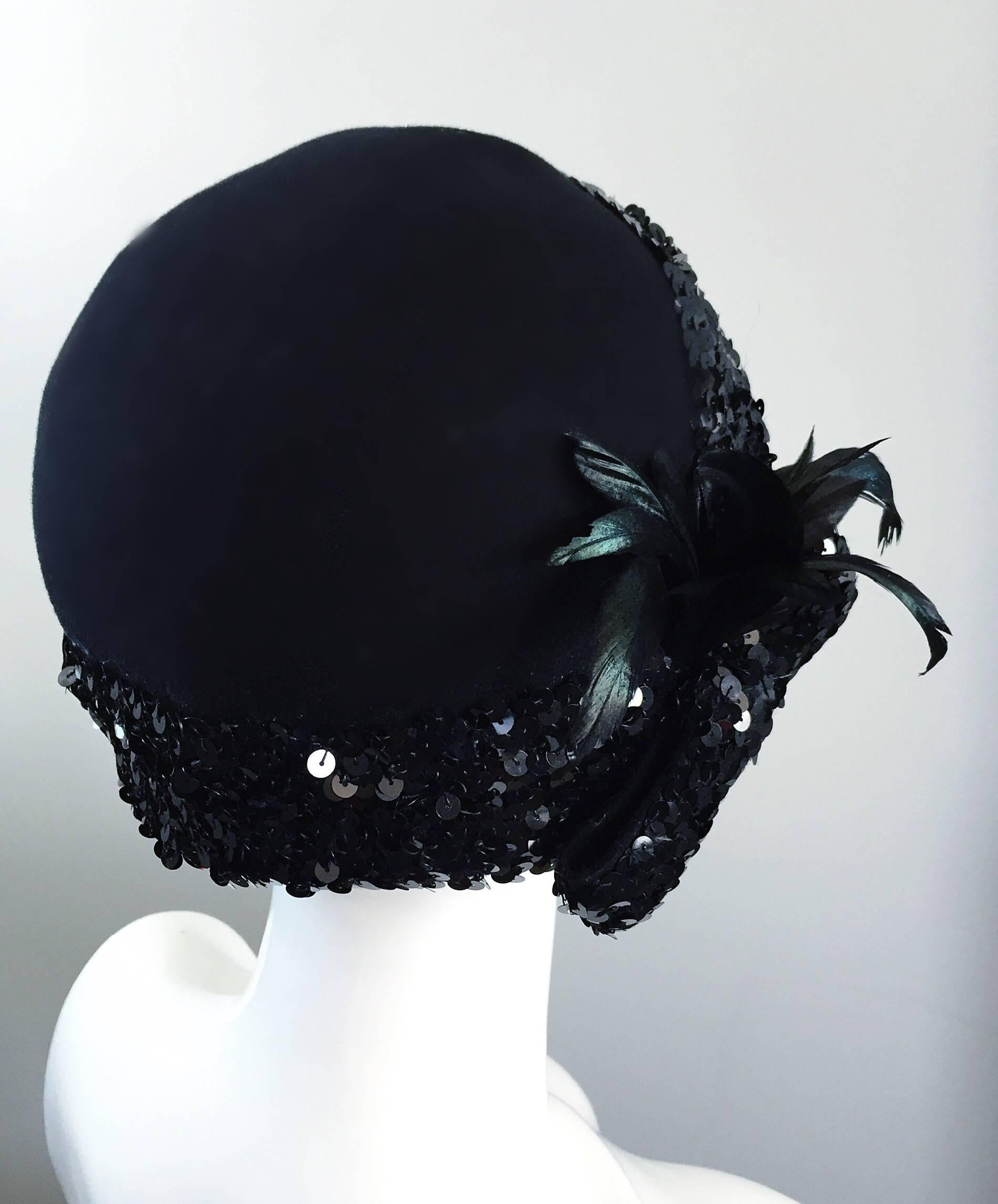 1960s Adolfo Black Sequin + Feather Vintage 60s does 20s Virgin Wool Cloche Hat  4