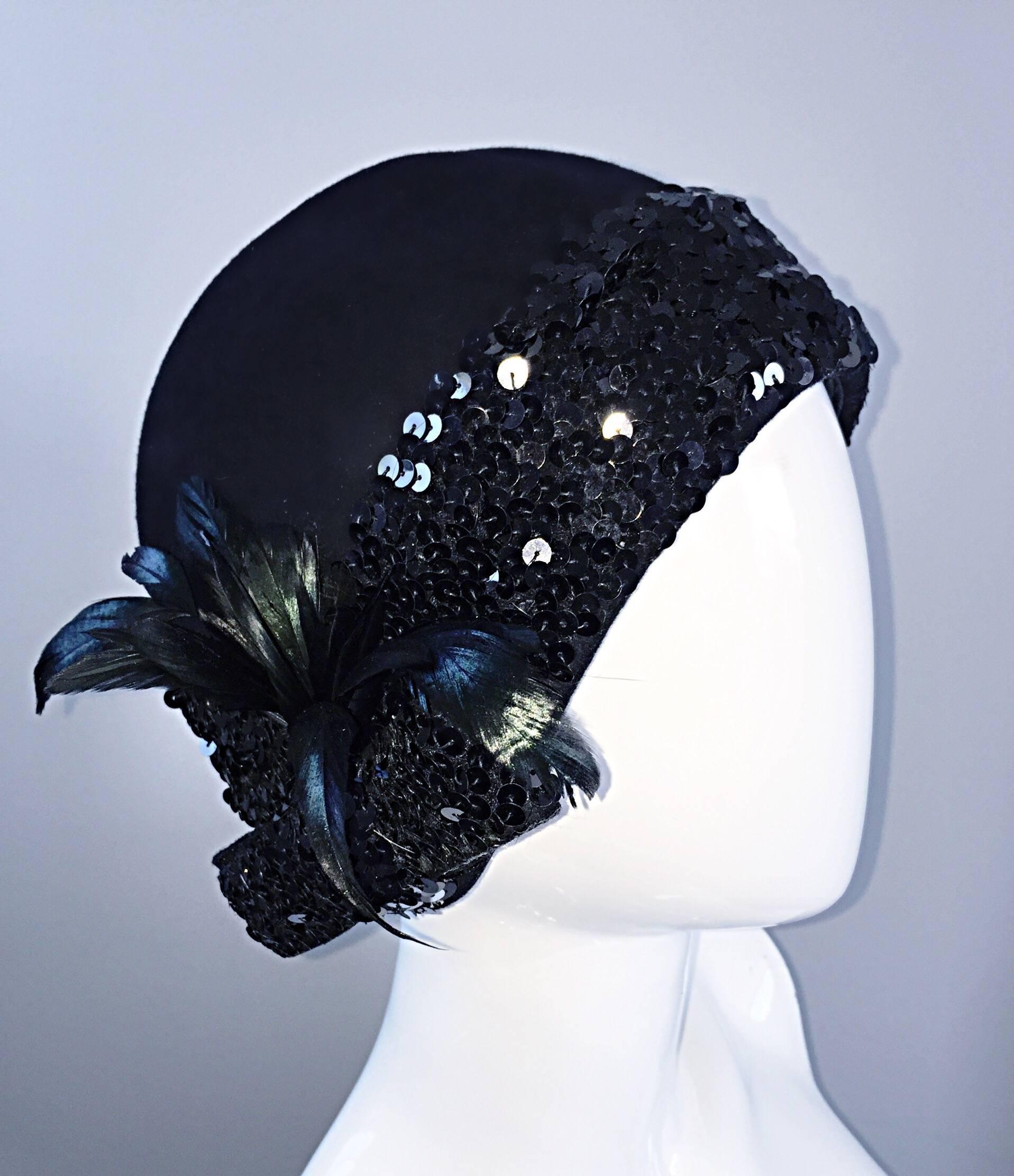 1960s Adolfo Black Sequin + Feather Vintage 60s does 20s Virgin Wool Cloche Hat  3