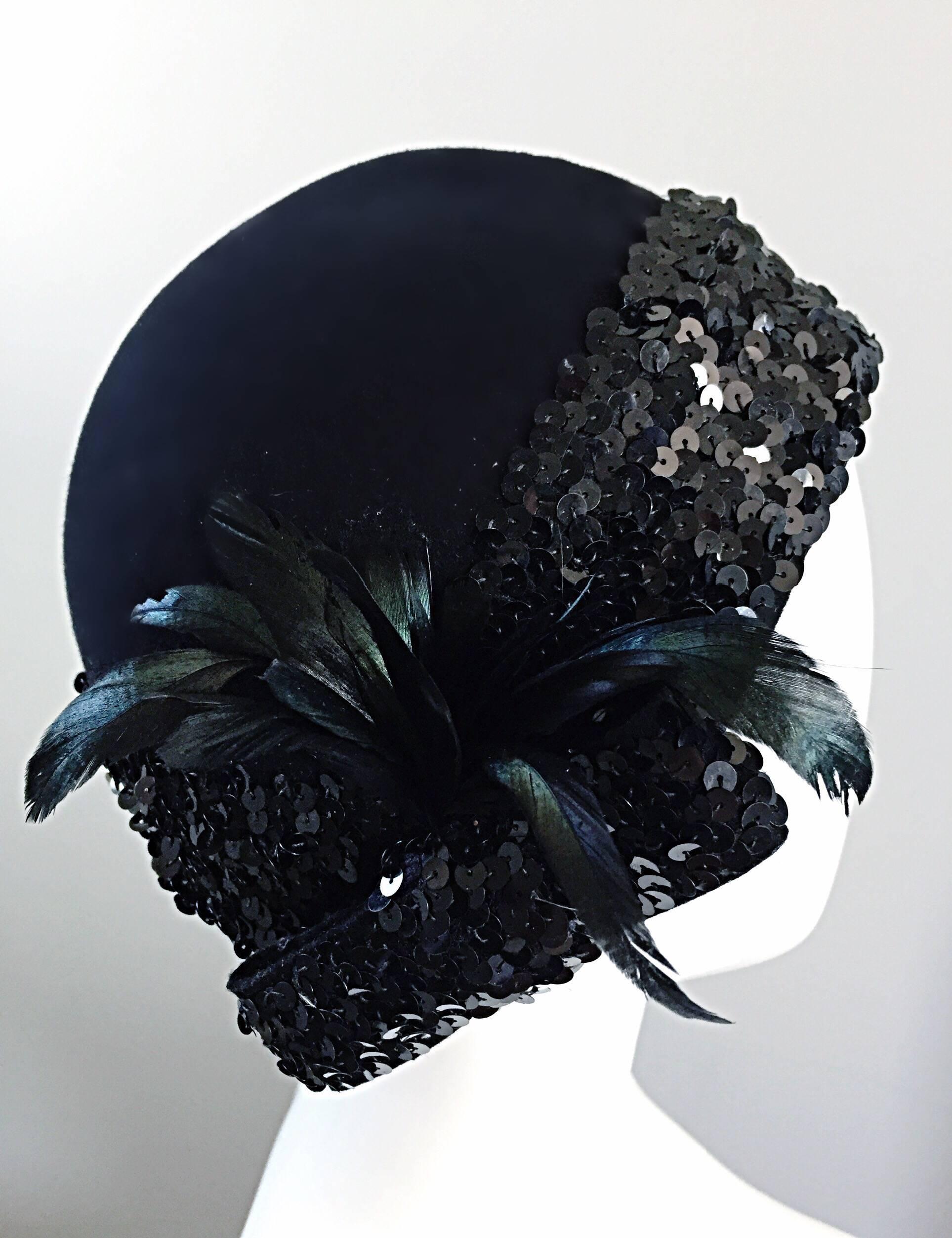 1960s Adolfo Black Sequin + Feather Vintage 60s does 20s Virgin Wool Cloche Hat  5