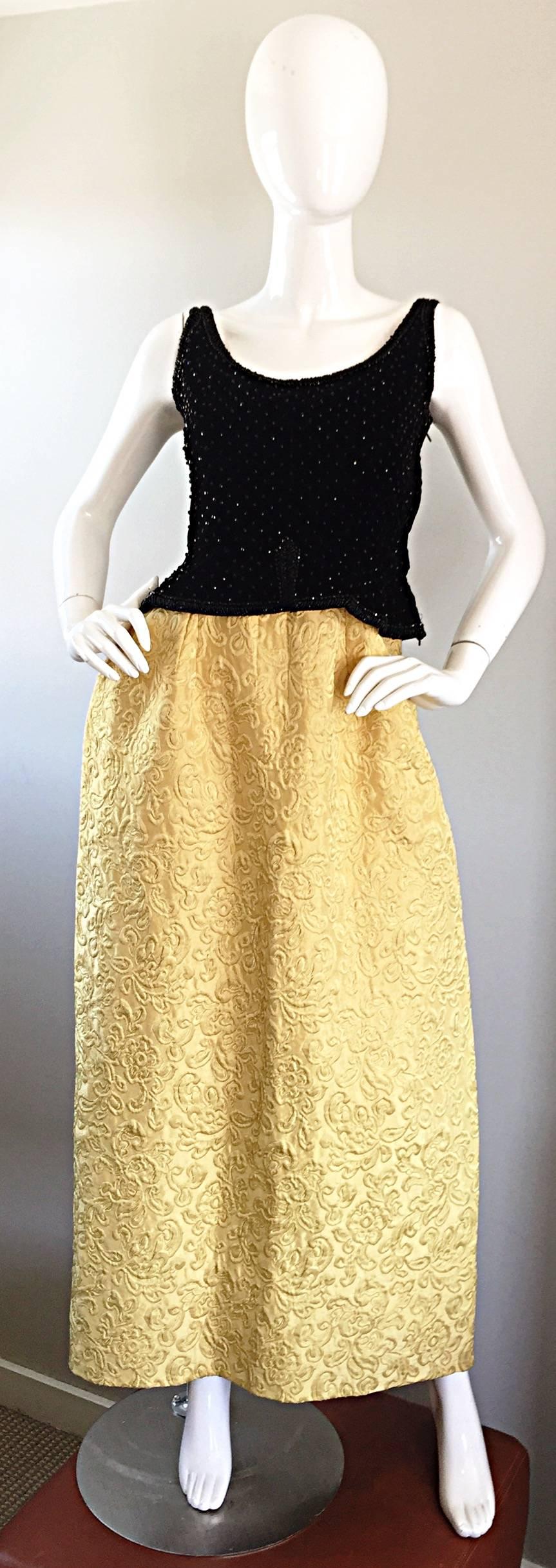 Amazing 1960s Bergdorf Goodman Beaded Black + Marigold Silk Brocade Evening Gown For Sale 3