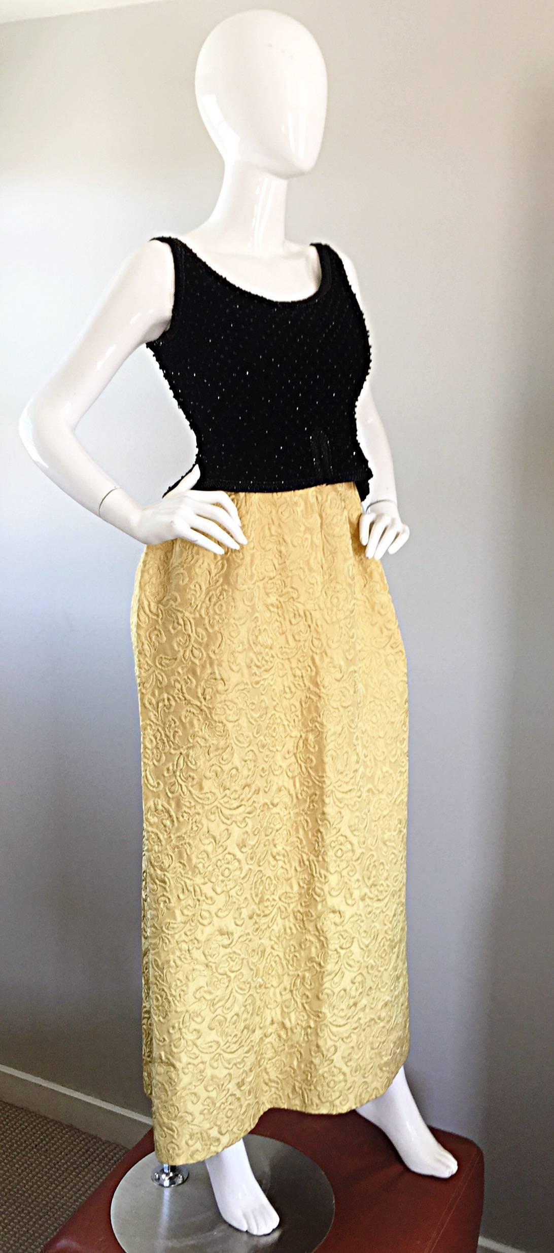 Amazing 1960s Bergdorf Goodman Beaded Black + Marigold Silk Brocade Evening Gown In Good Condition For Sale In San Diego, CA
