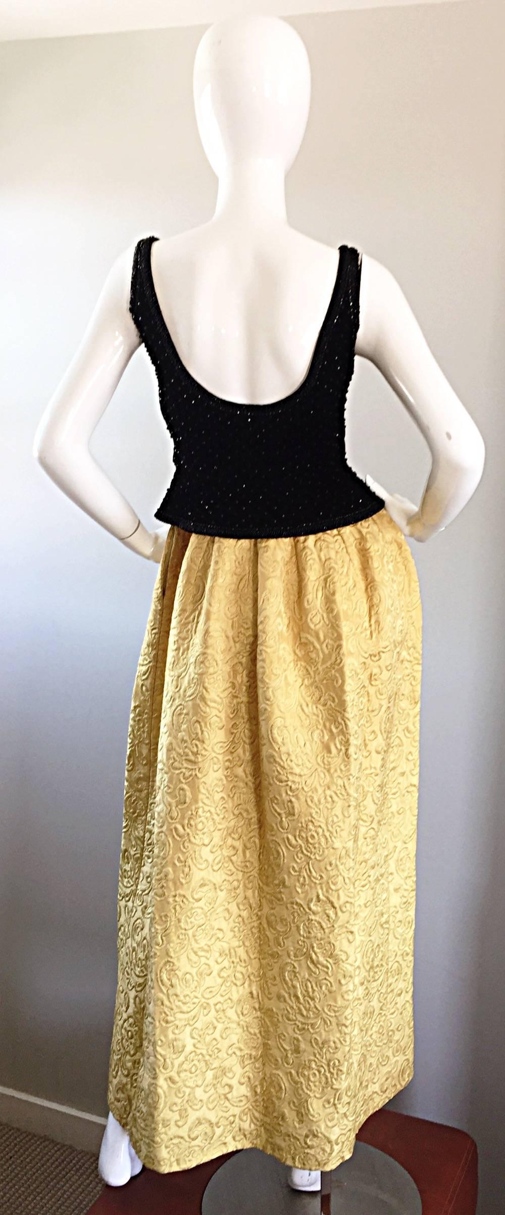 Beige Amazing 1960s Bergdorf Goodman Beaded Black + Marigold Silk Brocade Evening Gown For Sale