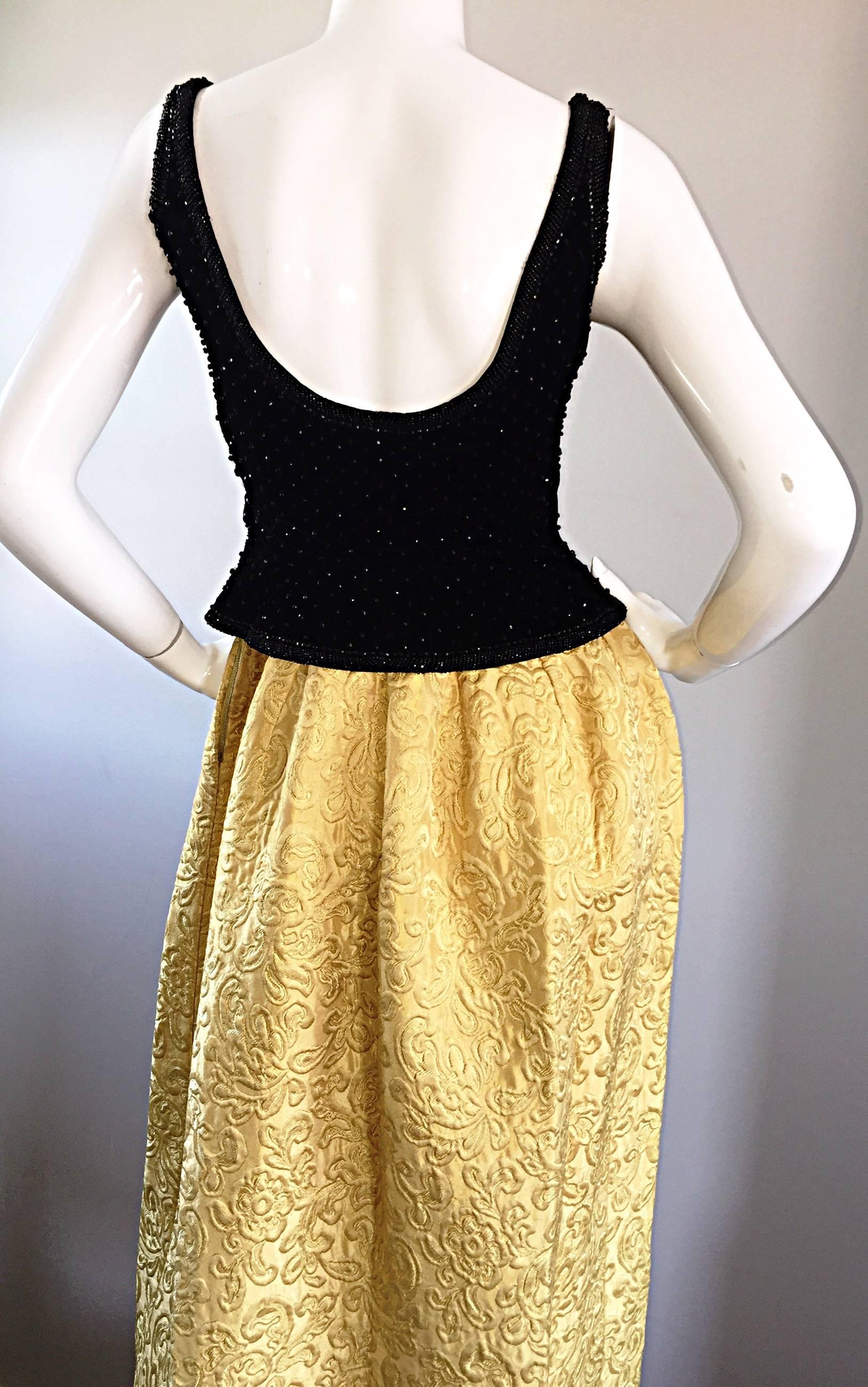 Amazing 1960s Bergdorf Goodman Beaded Black + Marigold Silk Brocade Evening Gown For Sale 2
