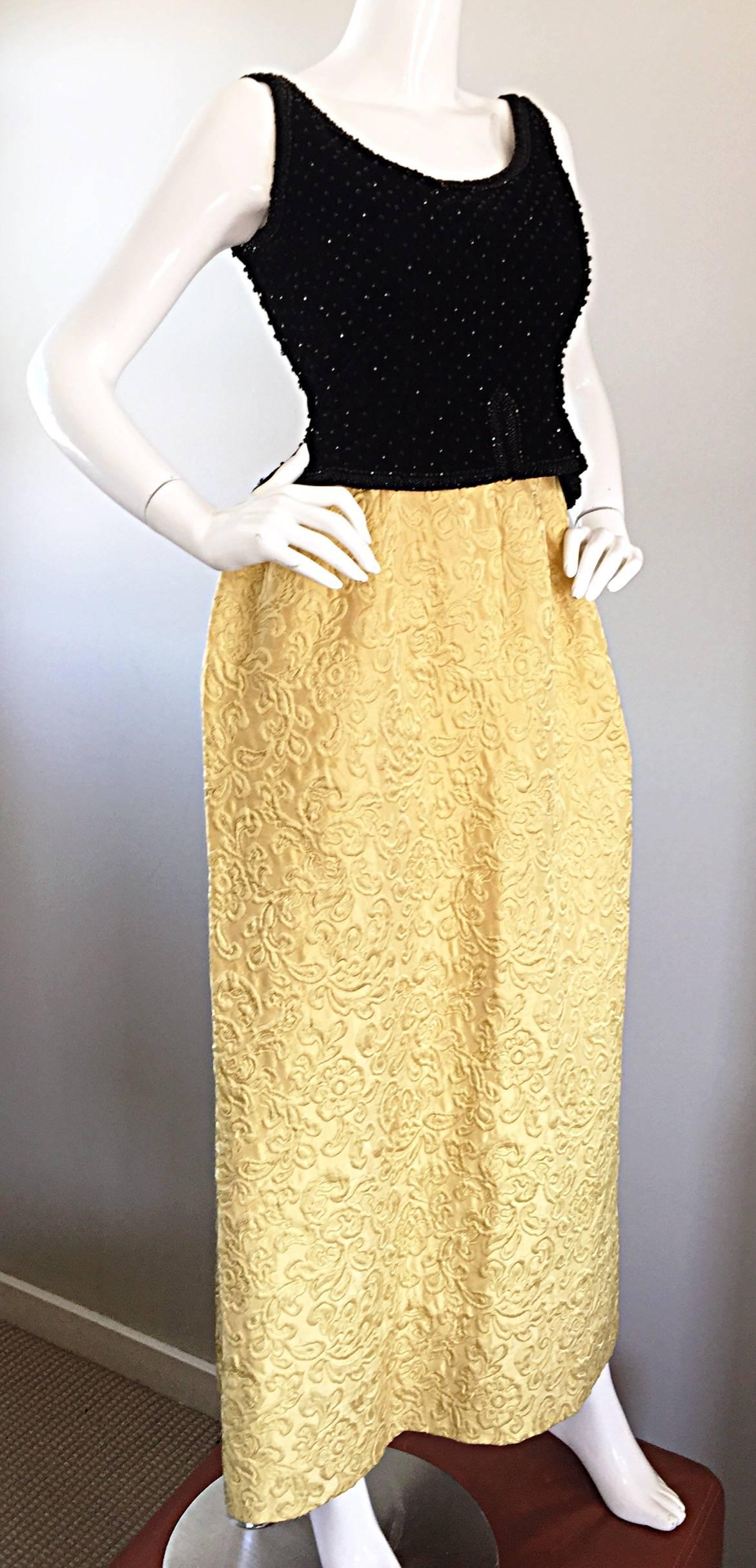 Amazing 1960s Bergdorf Goodman Beaded Black + Marigold Silk Brocade Evening Gown For Sale 1