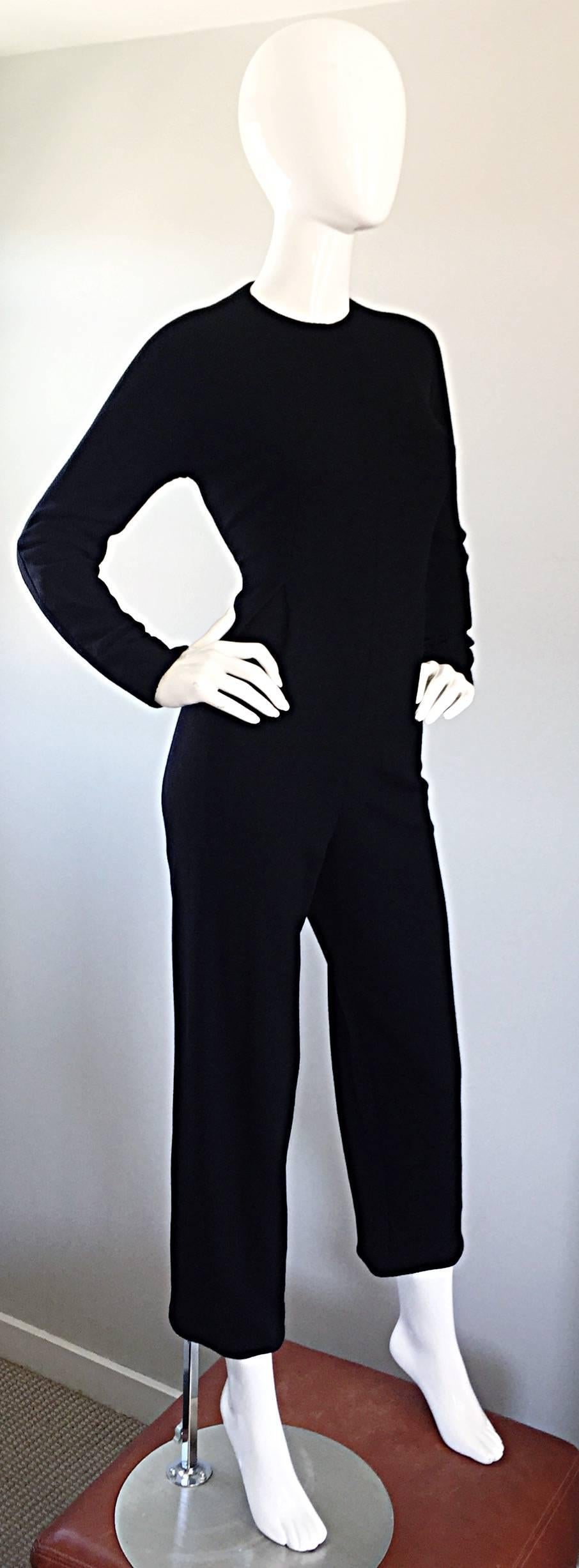 Women's Geoffrey Beene Chic Vintage Black Wool Knit Size 6 Fitted Jumpsuit Long Sleeves 