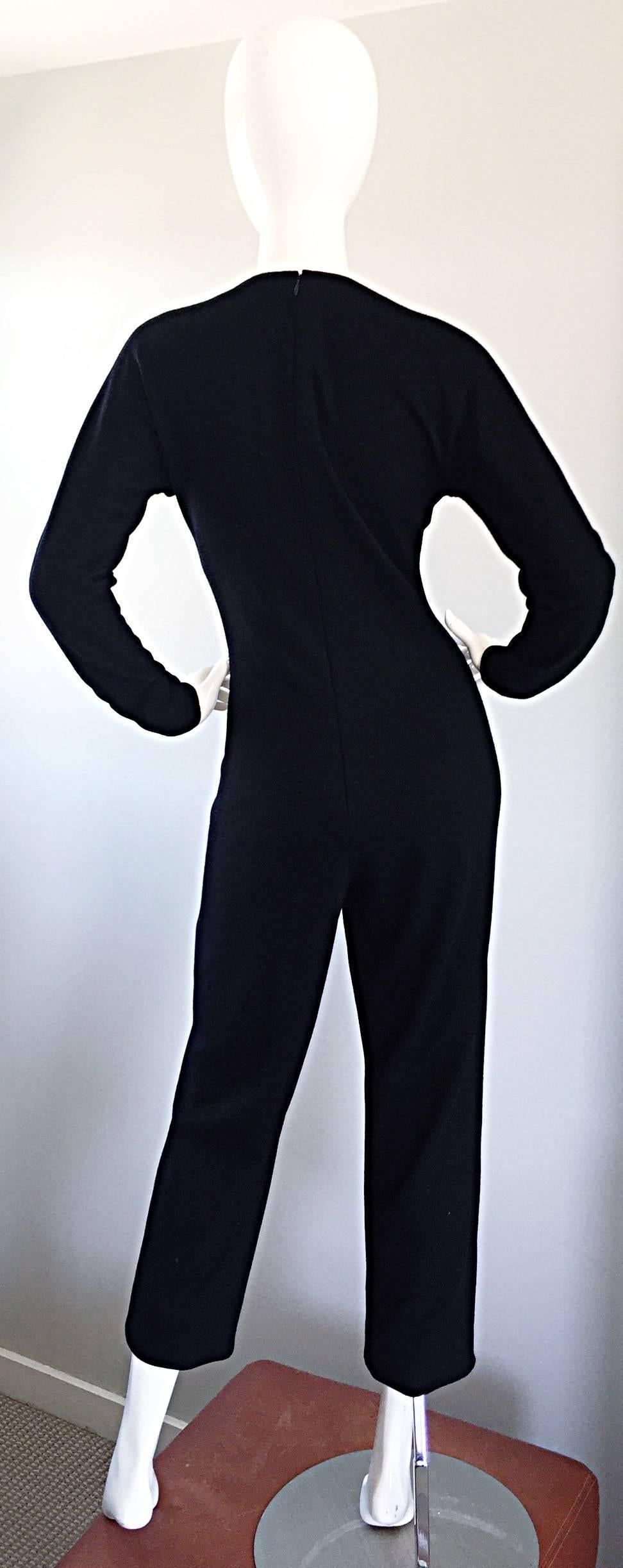 Geoffrey Beene Chic Vintage Black Wool Knit Size 6 Fitted Jumpsuit Long Sleeves  In Excellent Condition In San Diego, CA