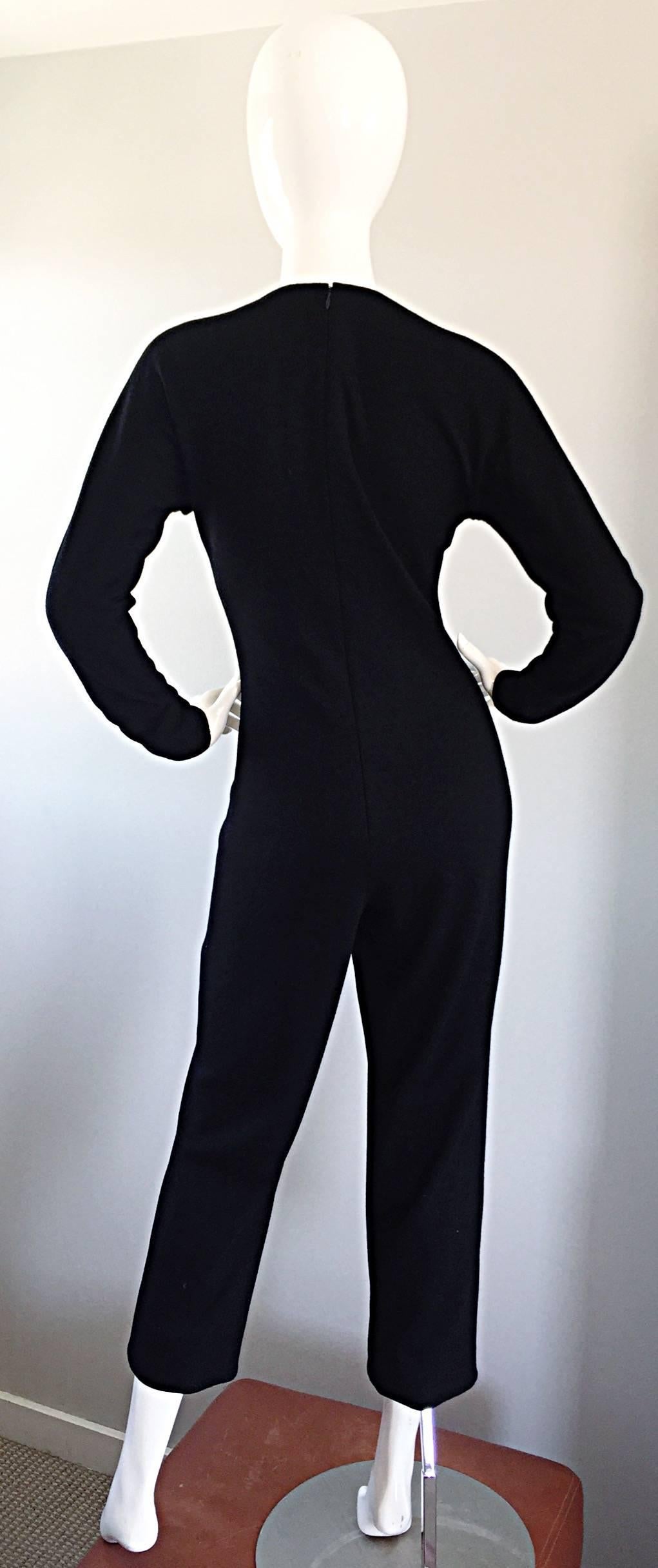 Geoffrey Beene Chic Vintage Black Wool Knit Size 6 Fitted Jumpsuit Long Sleeves  2