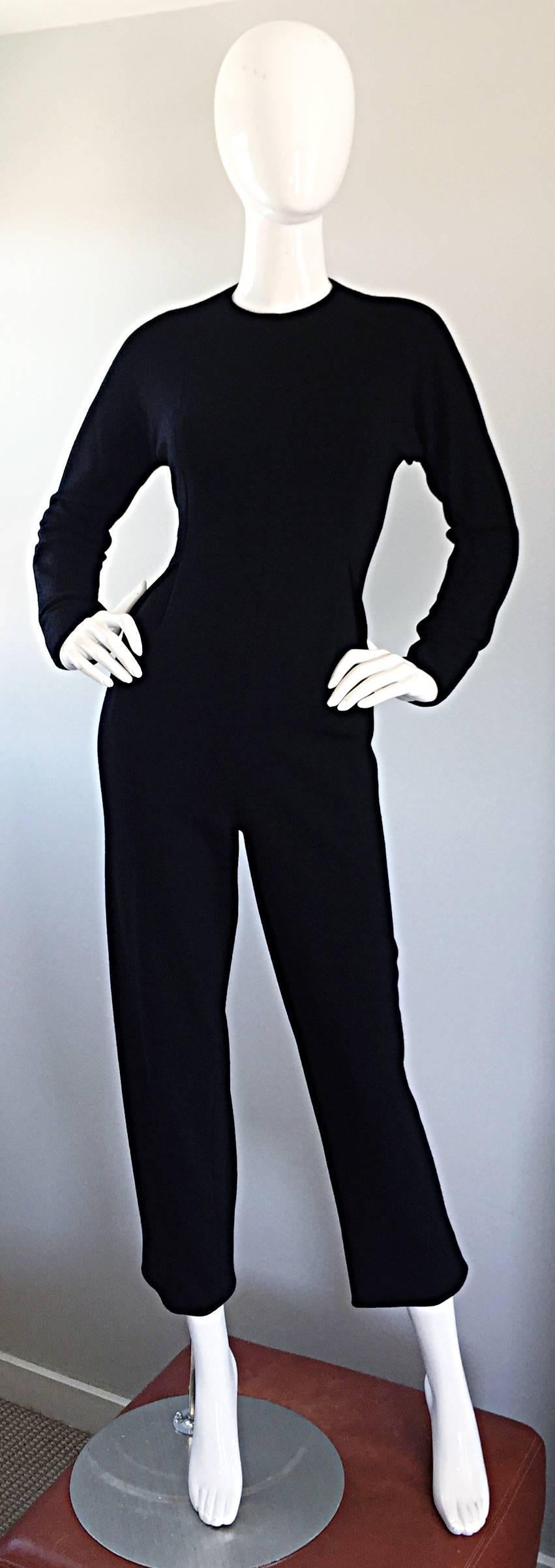 Geoffrey Beene Chic Vintage Black Wool Knit Size 6 Fitted Jumpsuit Long Sleeves  3