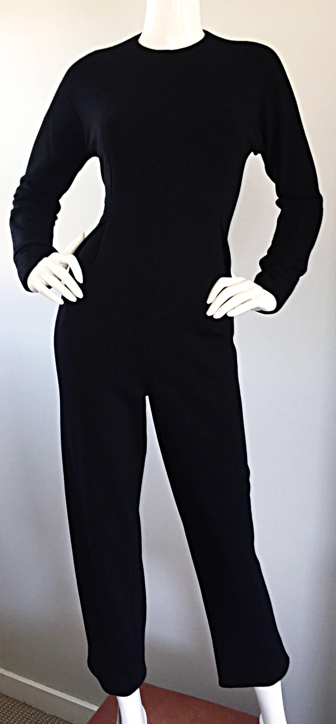 Geoffrey Beene Chic Vintage Black Wool Knit Size 6 Fitted Jumpsuit Long Sleeves  1