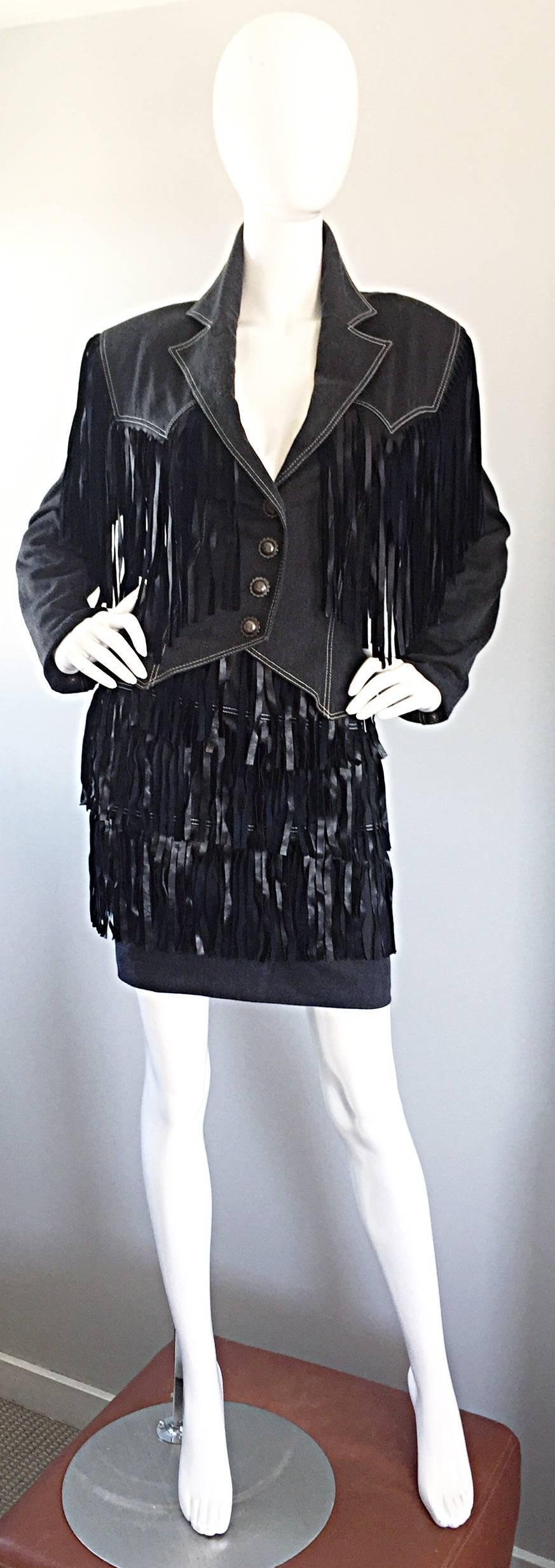 Vintage Patrick Kelly Denim and Leather Fringe Rare Skirt + Jacket Suit Ensemble 2