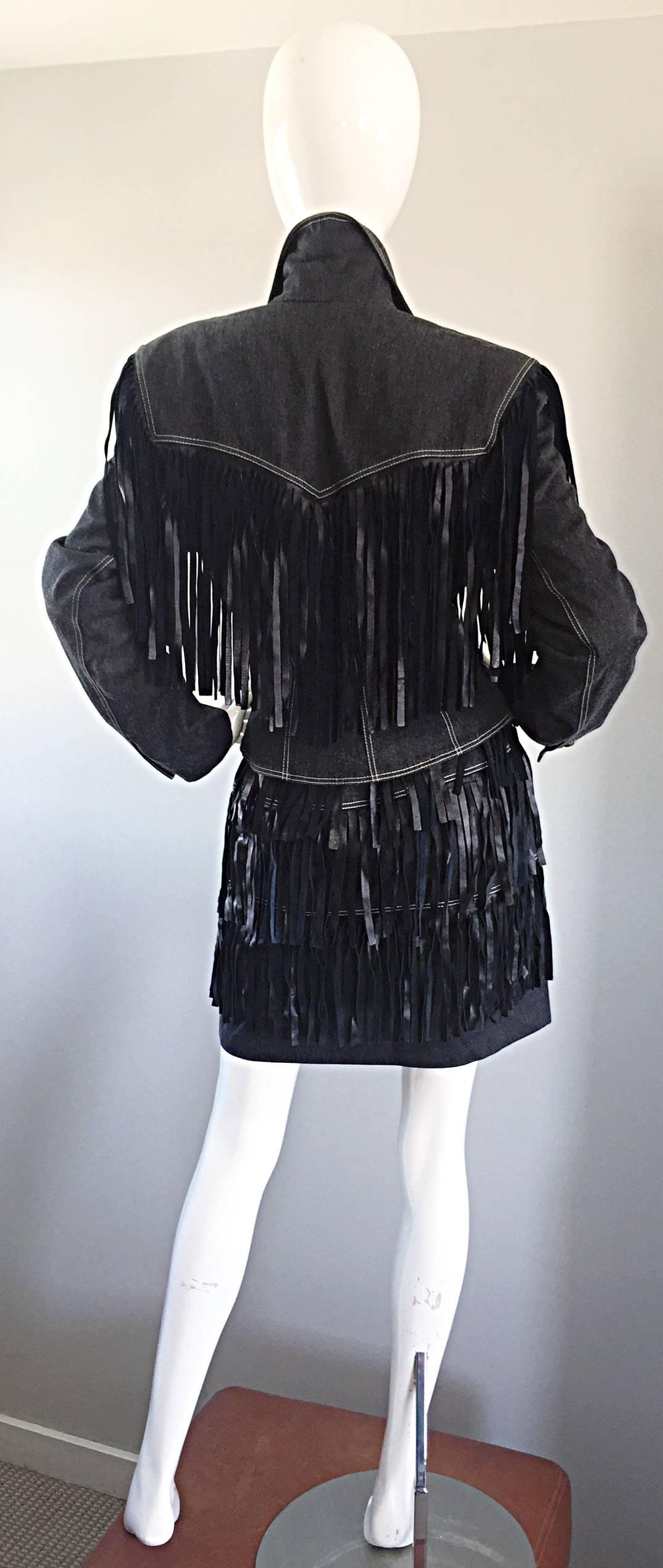 Vintage Patrick Kelly Denim and Leather Fringe Rare Skirt + Jacket Suit Ensemble 1