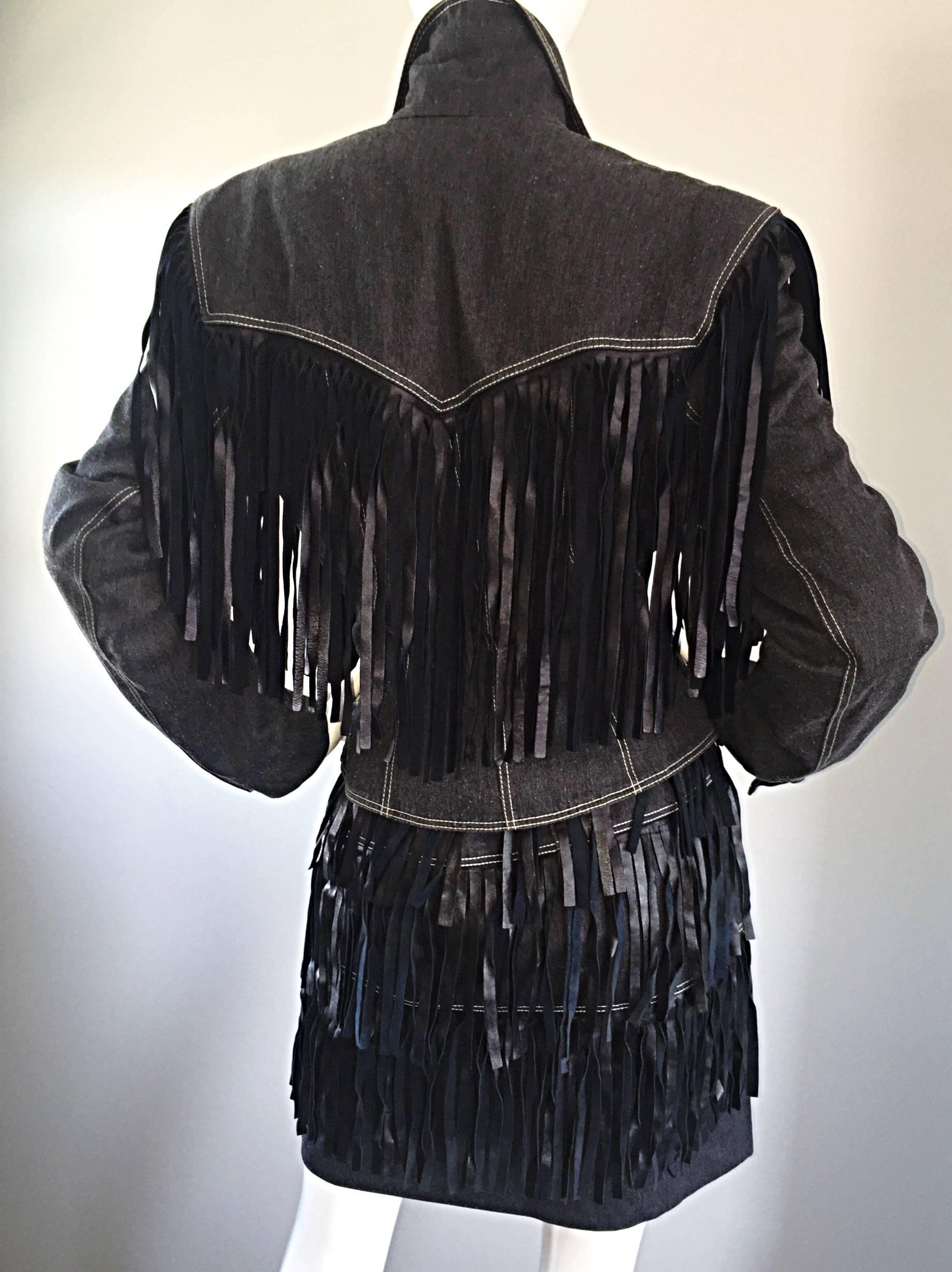 Black Vintage Patrick Kelly Denim and Leather Fringe Rare Skirt + Jacket Suit Ensemble