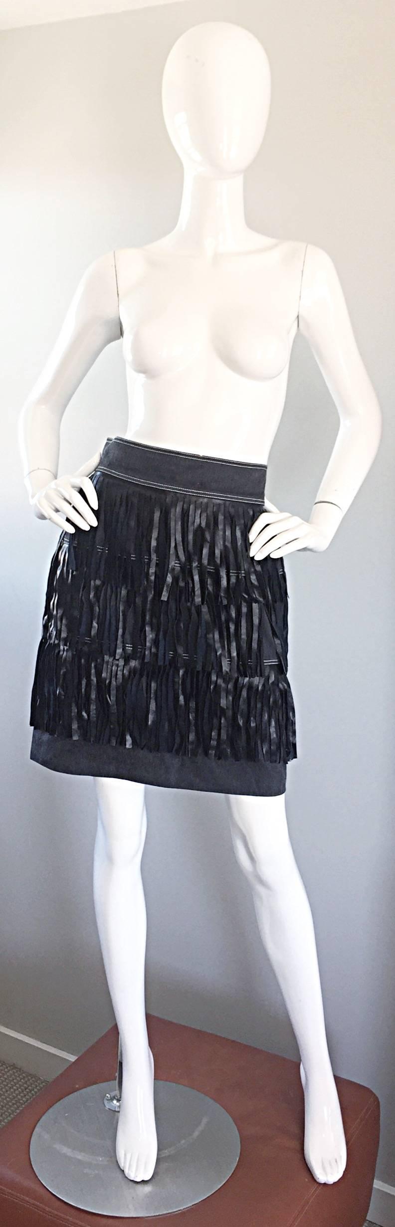 Vintage Patrick Kelly Denim and Leather Fringe Rare Skirt + Jacket Suit Ensemble In Excellent Condition In San Diego, CA