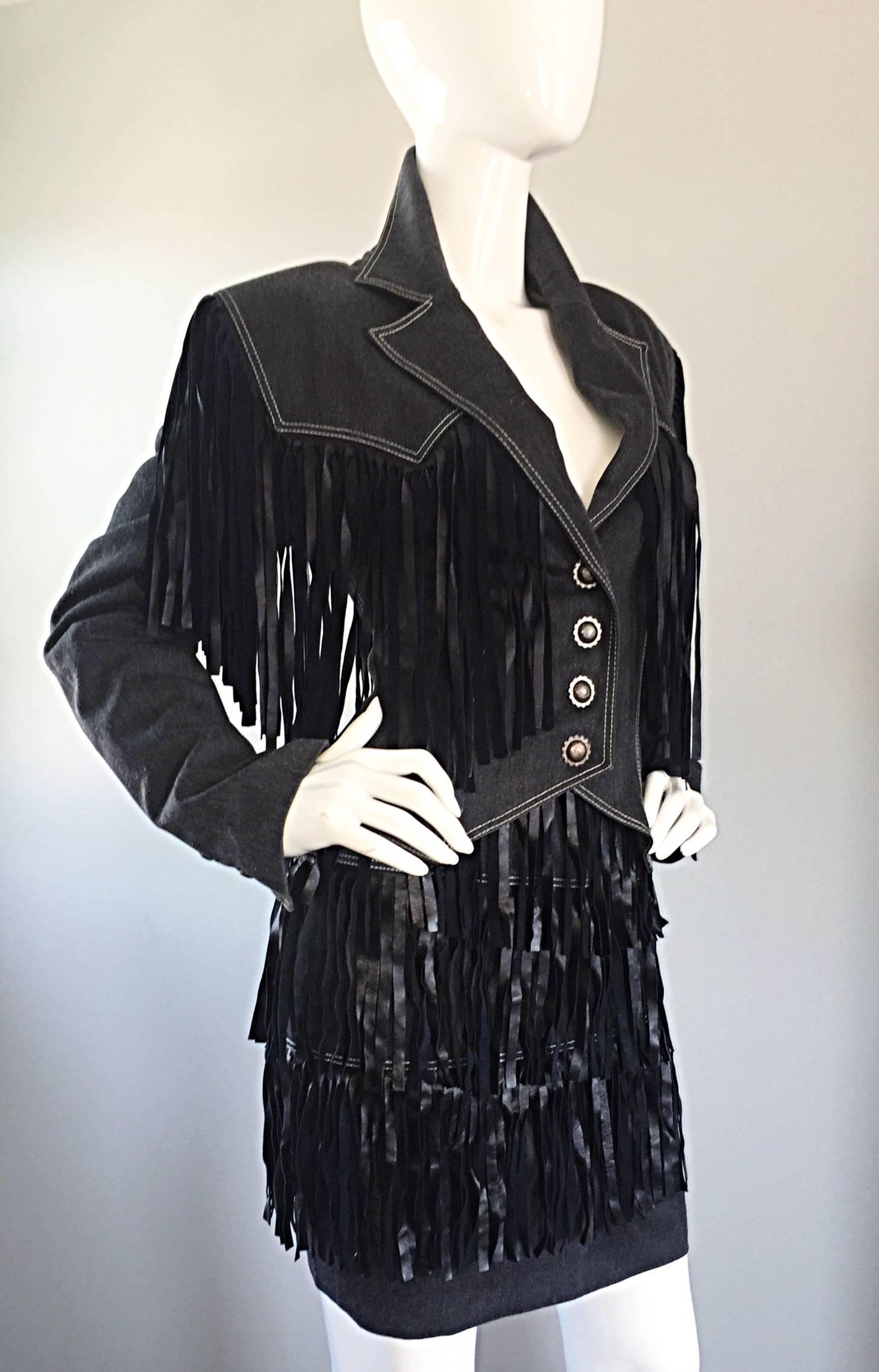 Women's Vintage Patrick Kelly Denim and Leather Fringe Rare Skirt + Jacket Suit Ensemble