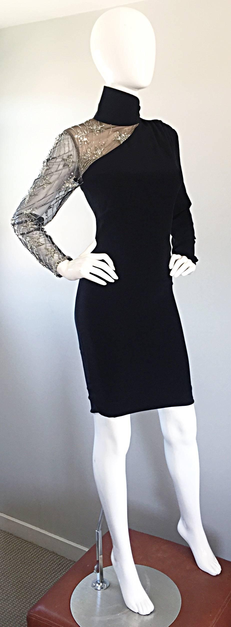 Women's Vintage Bob Mackie Black Sequin Nude Illusion Silver Sequin ' Star ' Dress 4 - 6