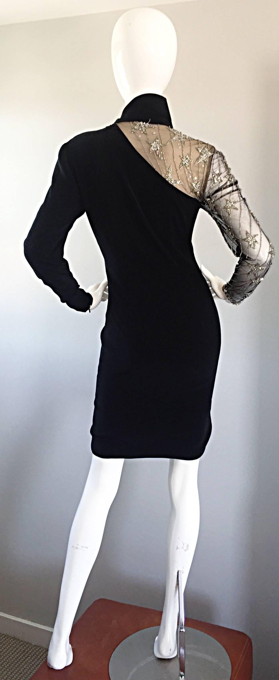Vintage Bob Mackie Black Sequin Nude Illusion Silver Sequin ' Star ' Dress 4 - 6 In Excellent Condition In San Diego, CA