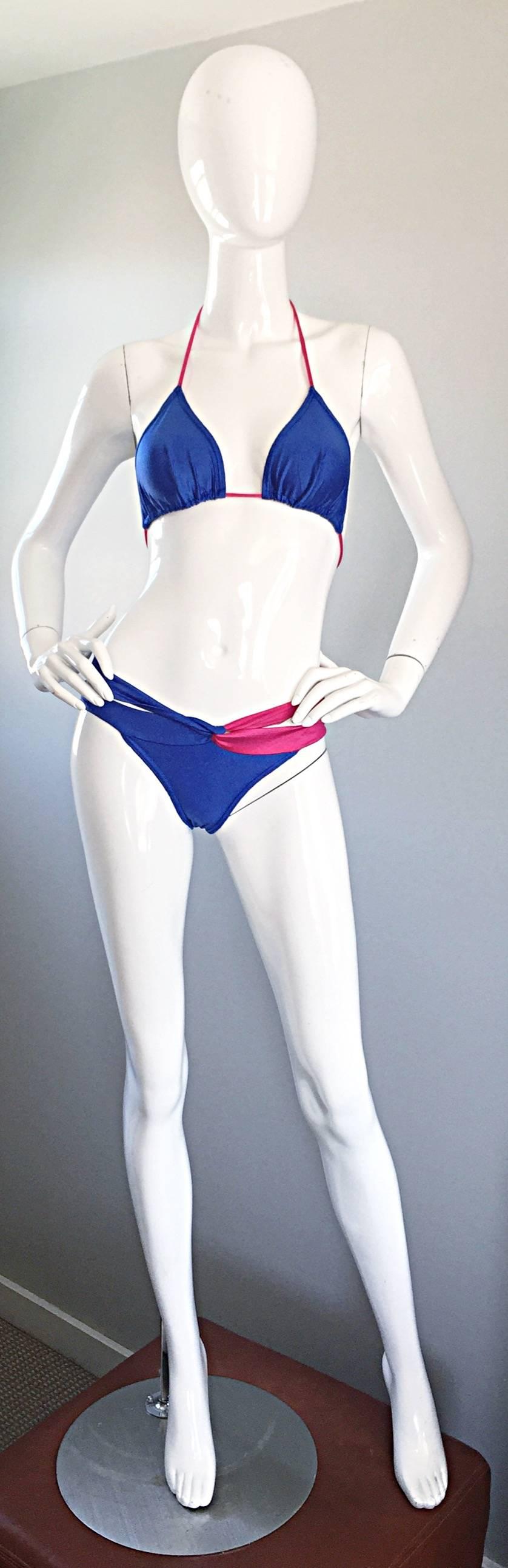 New 1990s Jean Louis Scherrer Vintage Fuchsia Pink & Blue Cut Out String Bikini  For Sale 1