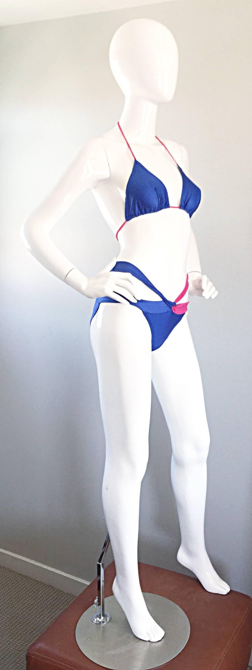 Women's New 1990s Jean Louis Scherrer Vintage Fuchsia Pink & Blue Cut Out String Bikini  For Sale