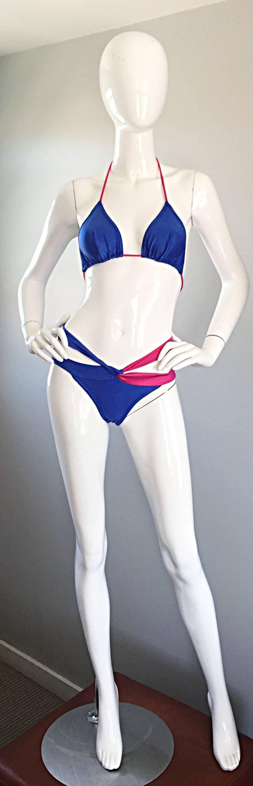 New 1990s Jean Louis Scherrer Vintage Fuchsia Pink & Blue Cut Out String Bikini  For Sale 4