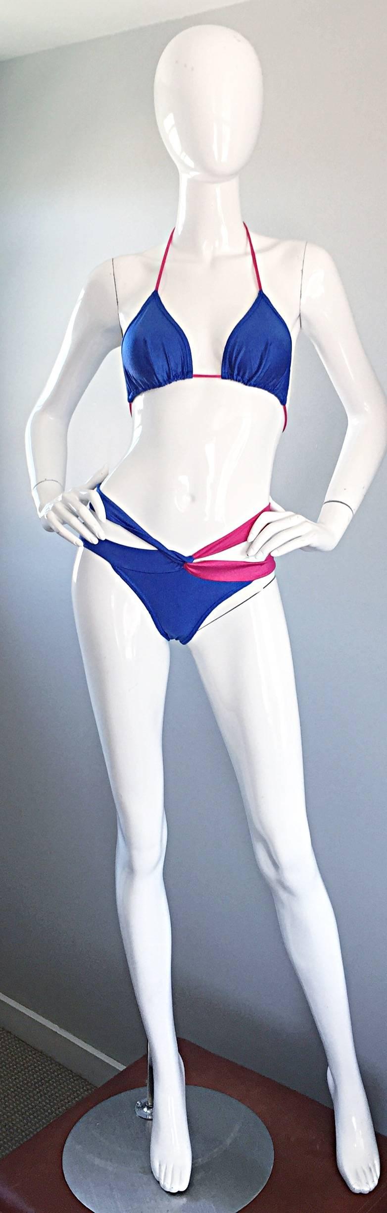 Incredibly sexy and rare vintage 90s JEAN LOUIS SCHERRER deadstock (NEW with original tags still attached) hot pink fuchsia and royal blue Avant Garde string bikini! Halter top ties at back neck and back. Cut-outs at waist reveal just the right