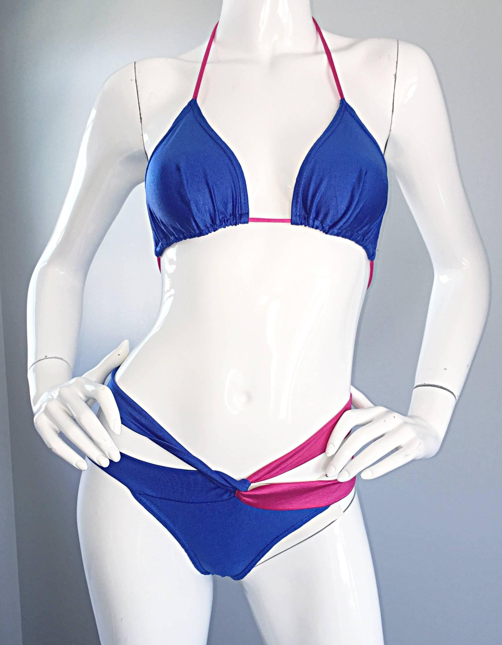 New 1990s Jean Louis Scherrer Vintage Fuchsia Pink & Blue Cut Out String Bikini  For Sale 2