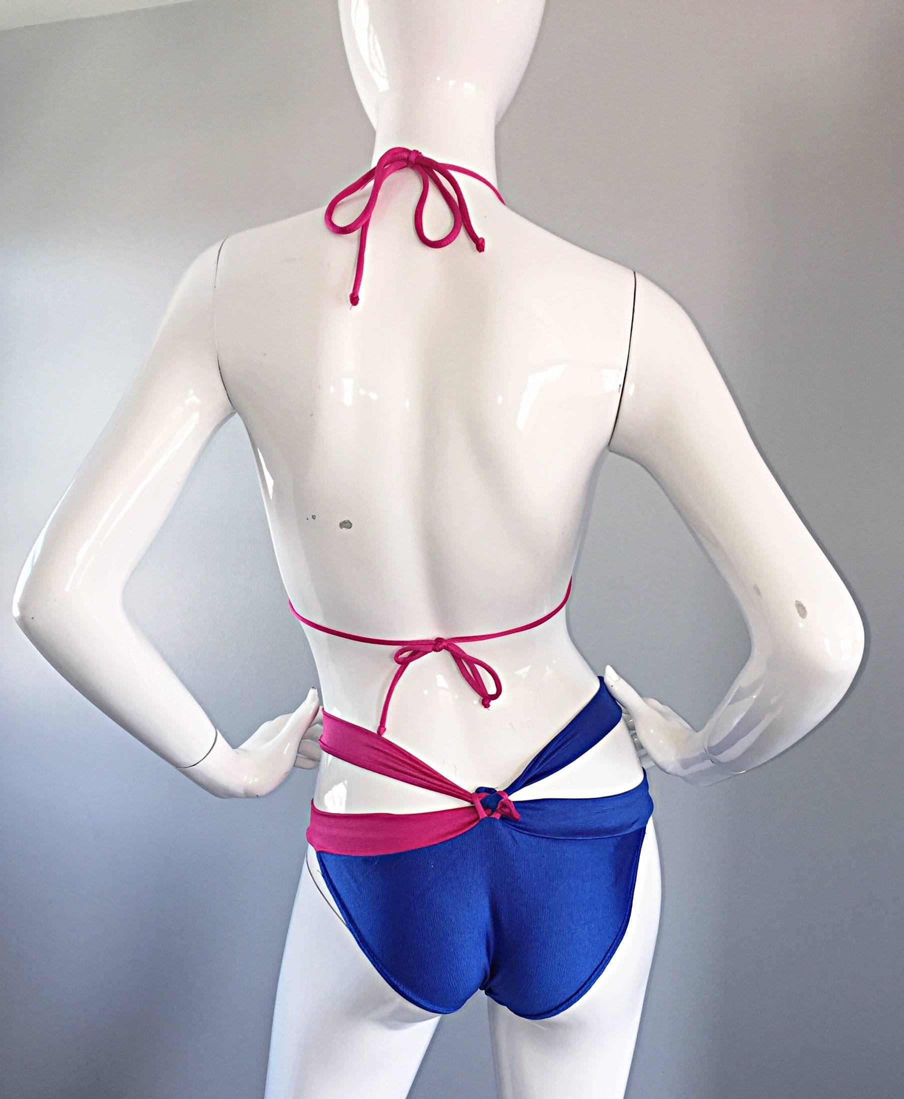 New 1990s Jean Louis Scherrer Vintage Fuchsia Pink & Blue Cut Out String Bikini For Sale 3