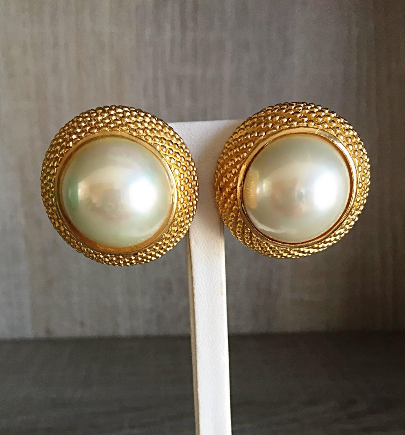 Vintage Christian Dior 1960sSigned Large Pearl + Gold Dome Clip On 60s