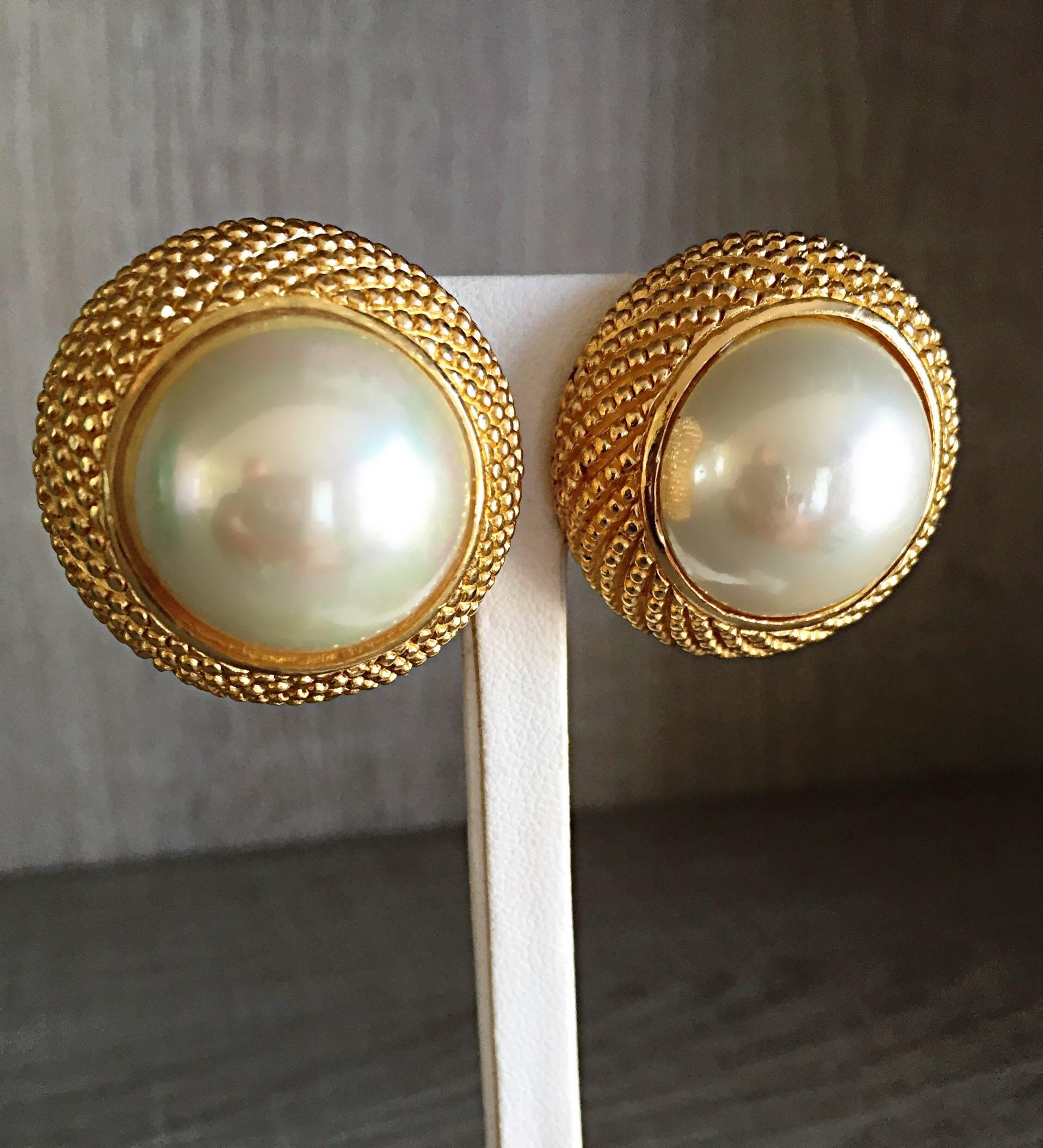 Vintage Christian Dior 1990s Signed Large Pearl Gold Dome Clip On 90s Earrings  1