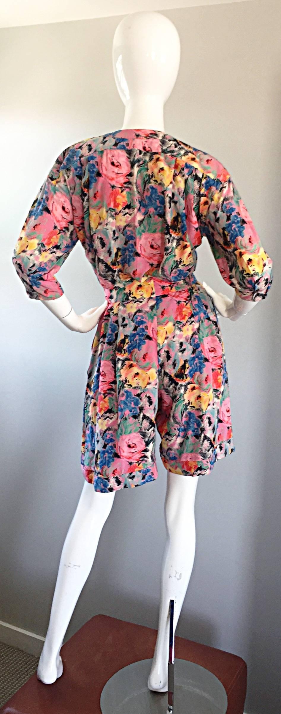 Vintage Emanuel Ungaro Silk Blouse and Shorts Pink Flower Chic Ensemble Set  In Excellent Condition In San Diego, CA