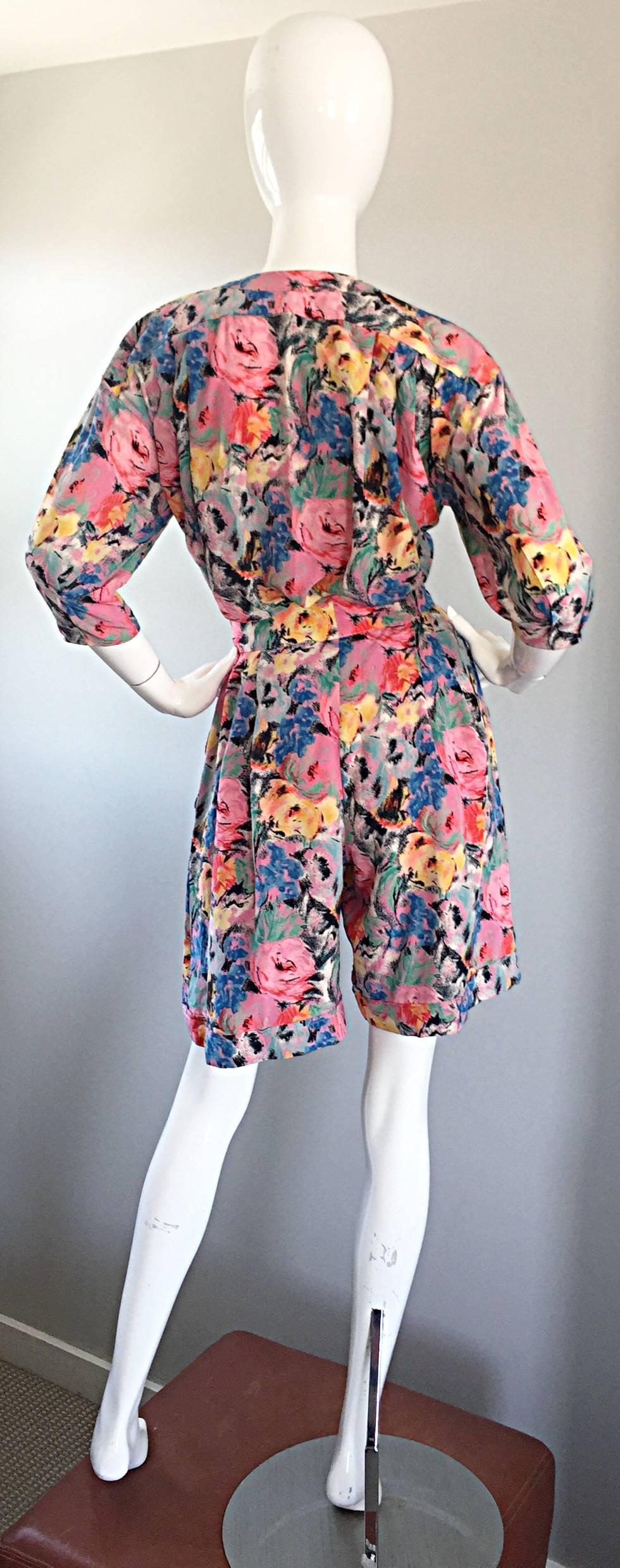 Vintage Emanuel Ungaro Silk Blouse and Shorts Pink Flower Chic Ensemble Set  2