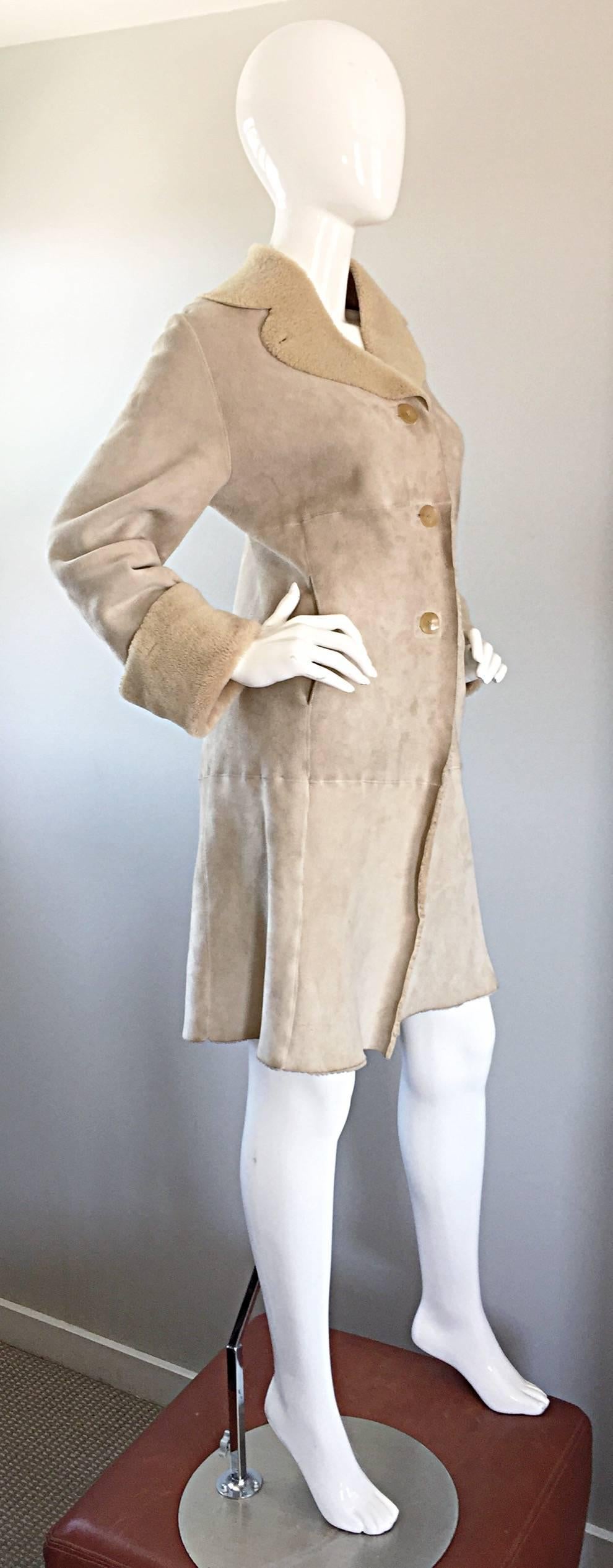Women's Vintage Giorgio Armani Unworn Shearling Taupe Beige Suede Leather Jacket Coat 