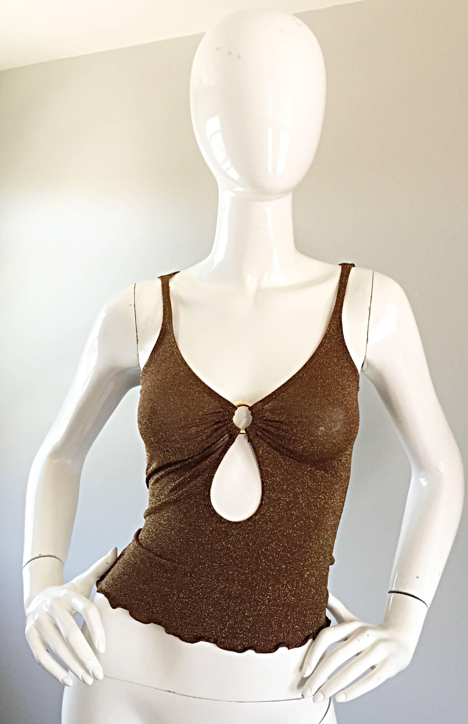 Vintage Moschino Sexy 1990s Bronze Metallic Keyhole 90s Jersey Sleeveless Top 1
