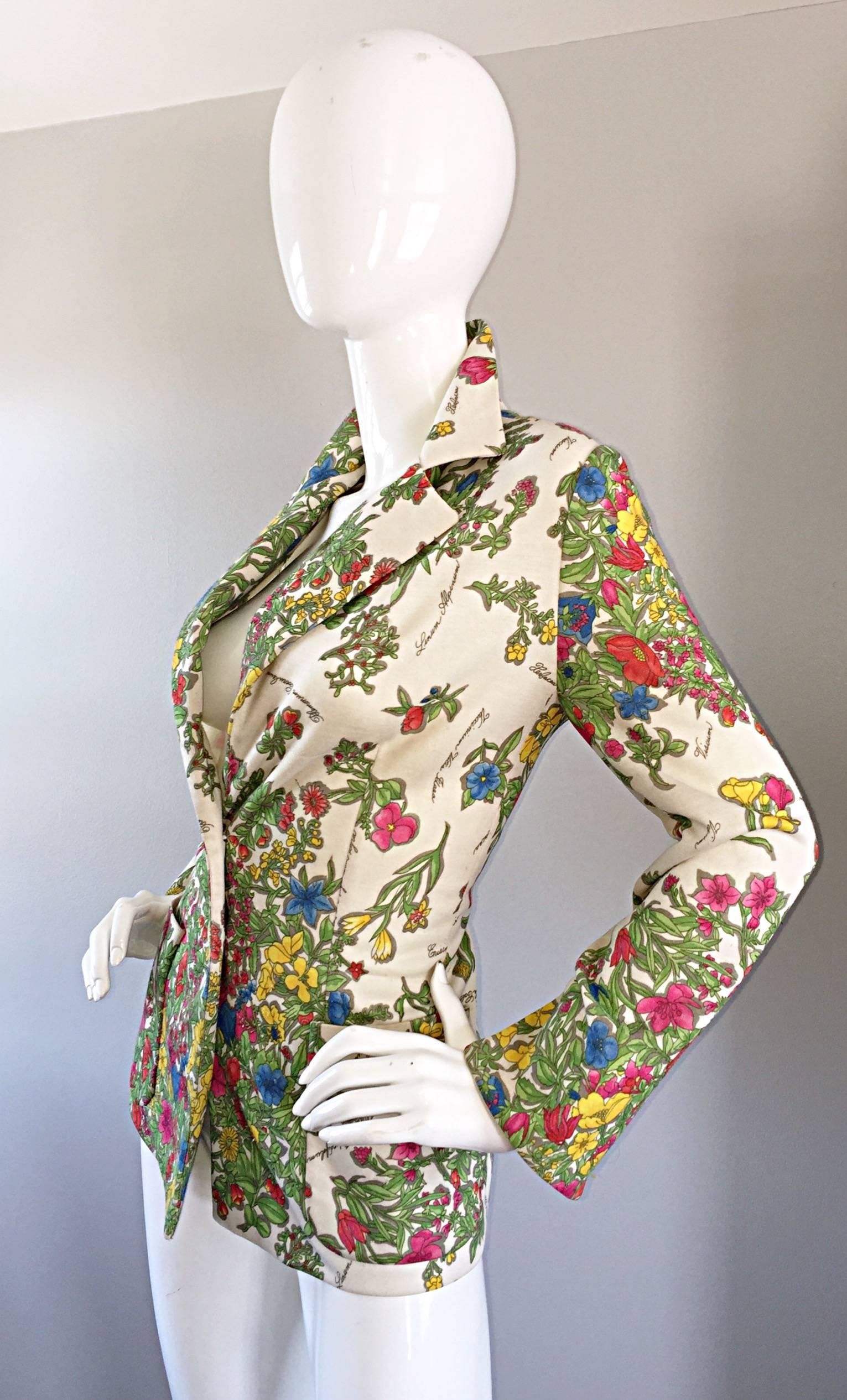 Women's 1970s Leslie Fay Knit Jersey Novelty Floral Garden Botanical Print Blazer Jacket