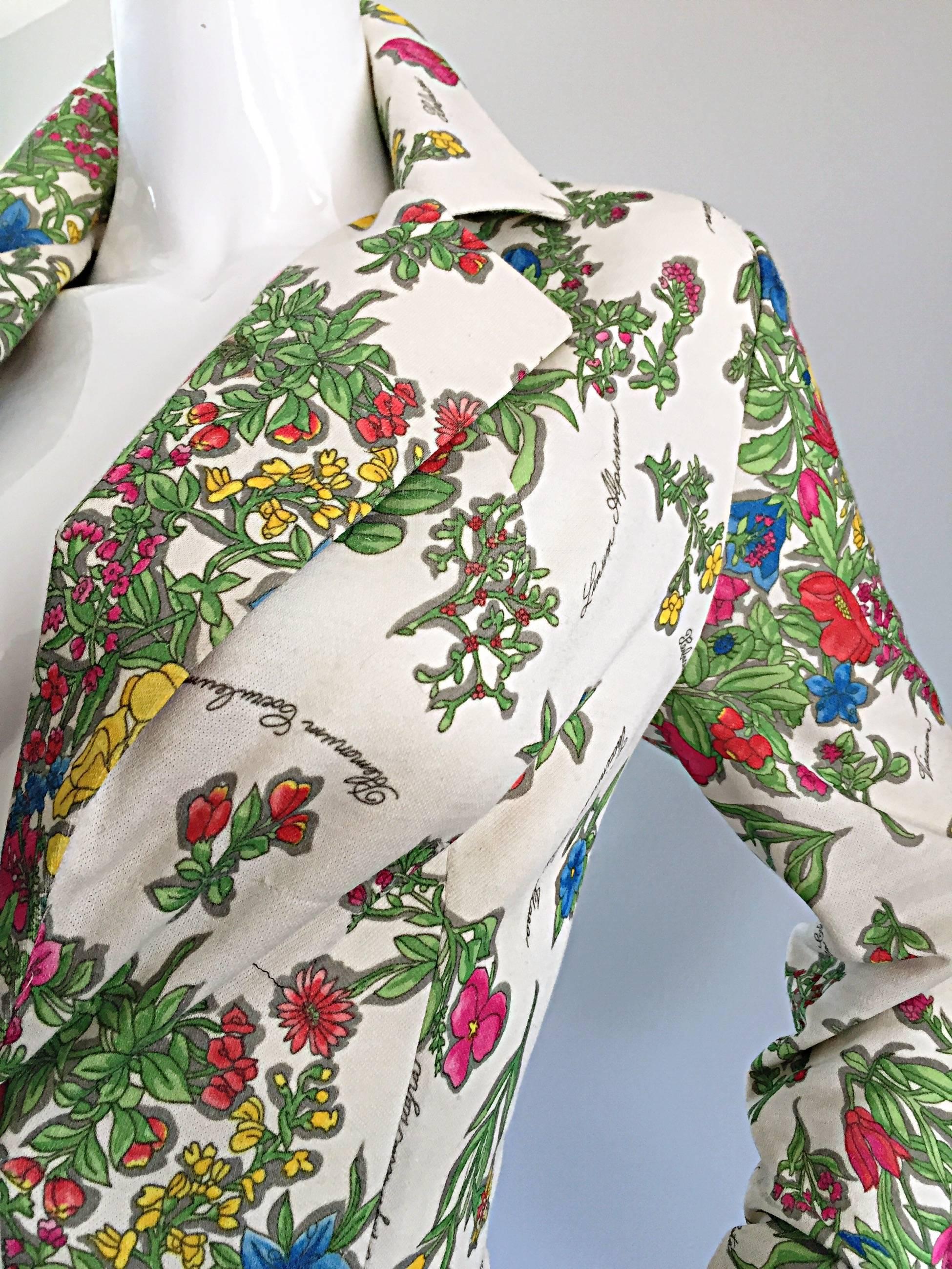 1970s Leslie Fay Knit Jersey Novelty Floral Garden Botanical Print Blazer Jacket In Excellent Condition In San Diego, CA