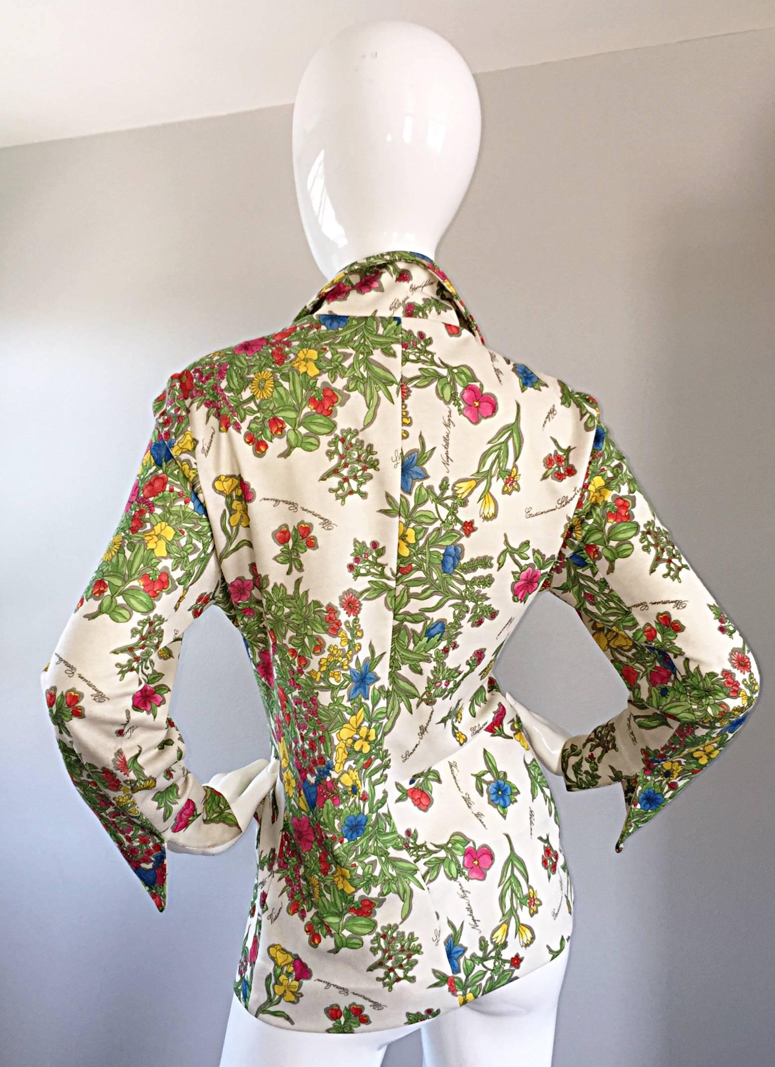 1970s Leslie Fay Knit Jersey Novelty Floral Garden Botanical Print Blazer Jacket 1