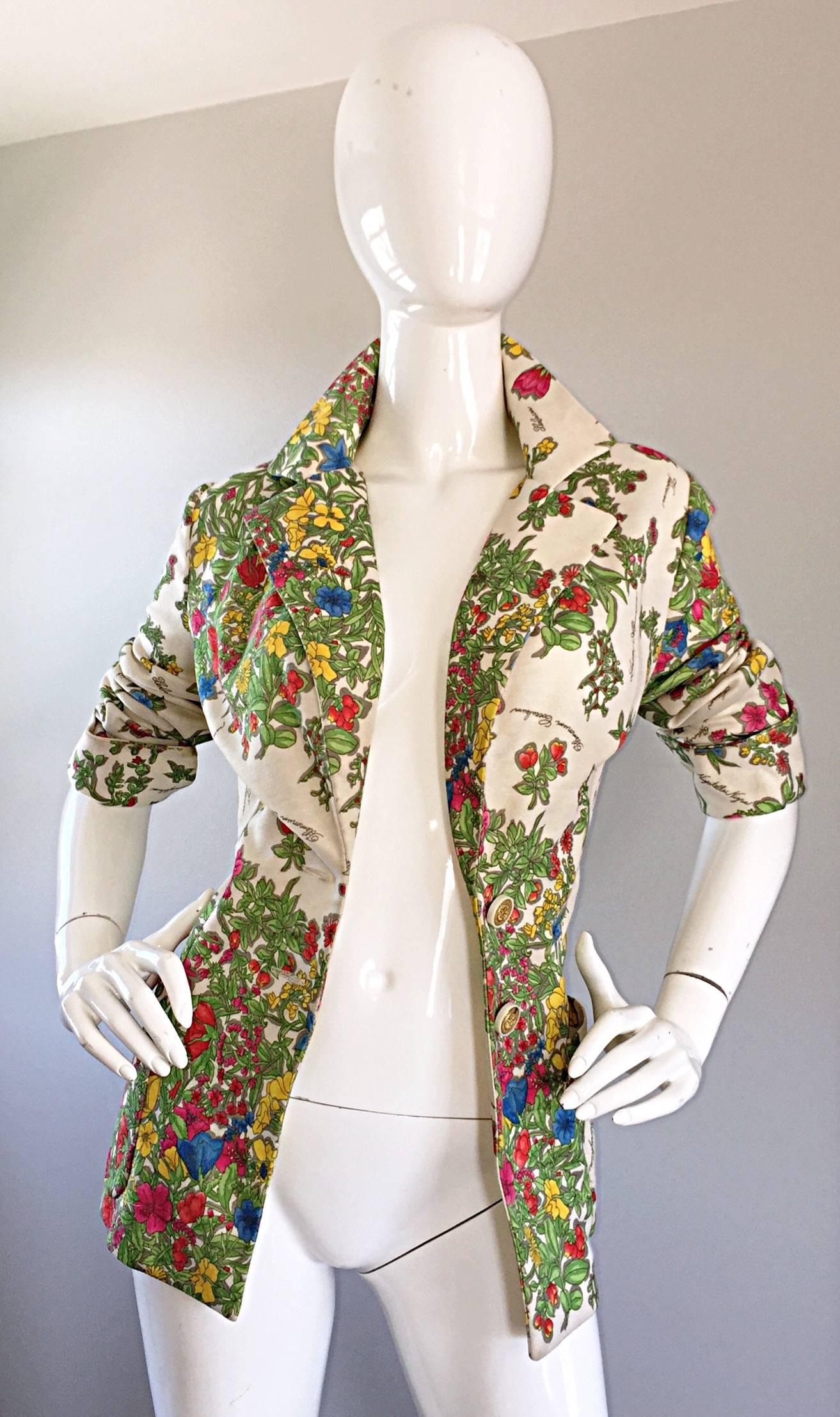 Beige 1970s Leslie Fay Knit Jersey Novelty Floral Garden Botanical Print Blazer Jacket