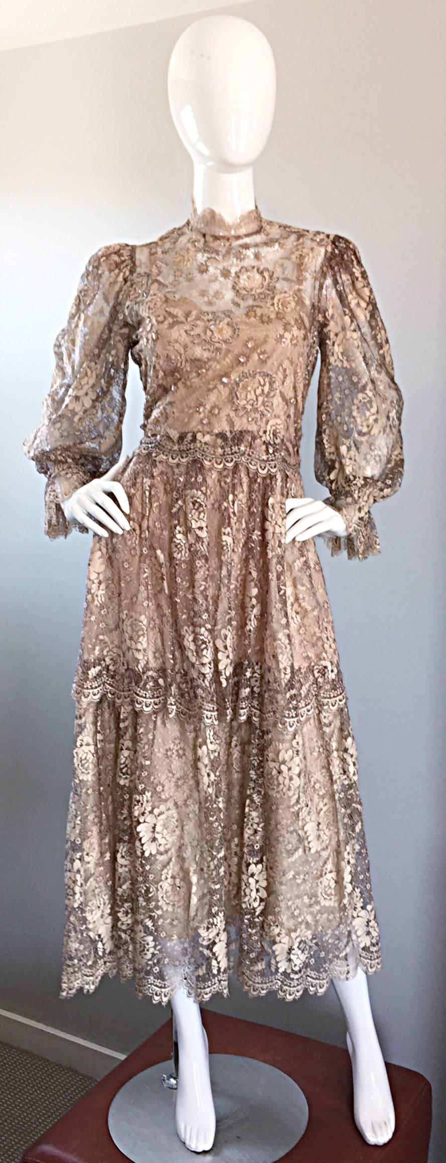 Incredible vintage RINA DI MONTELLA taupe silk French lace taupe Victorian inspired dress and blouse! Sleeveless dress, with a chic boho blouse to be worn over. The entire dress and blouse are encrusted with sequins throughout. Full metal zipper up