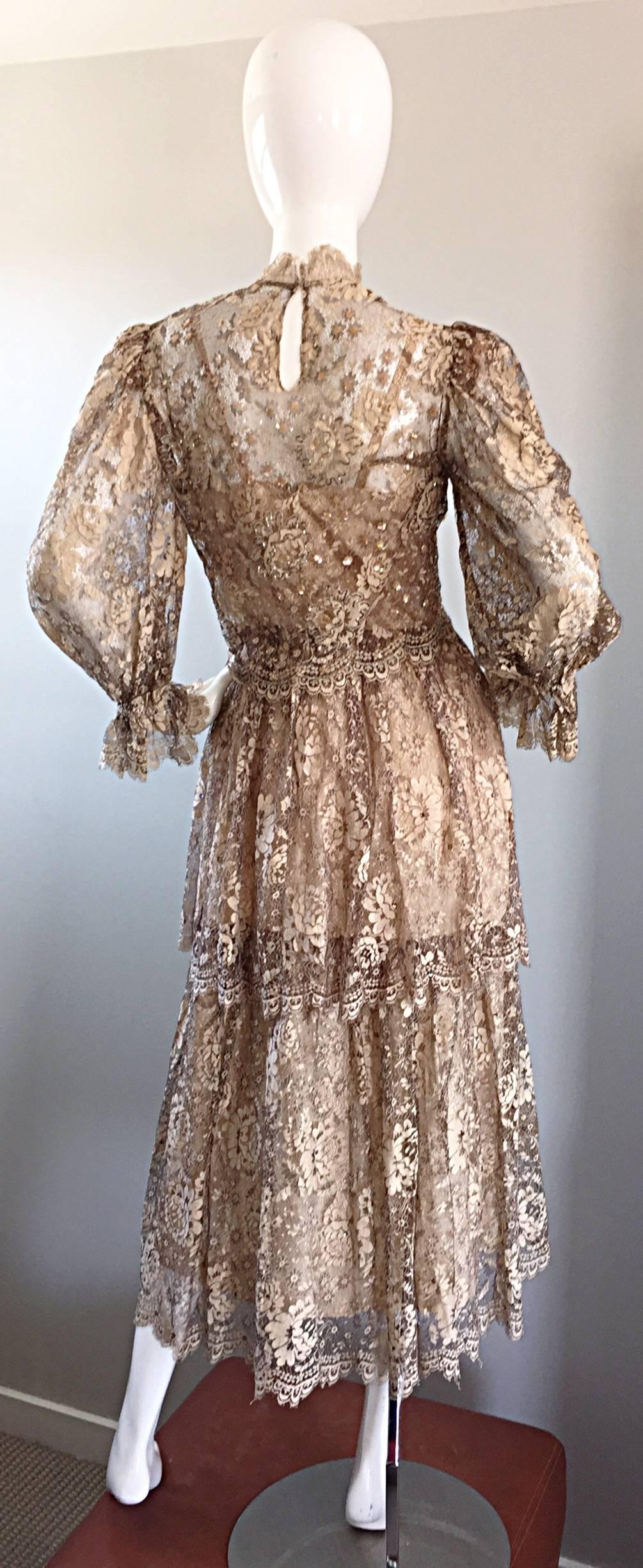 Brown Vintage Rina Di Montella Taupe French Lace + Sequin Silk Victorian Dress Set