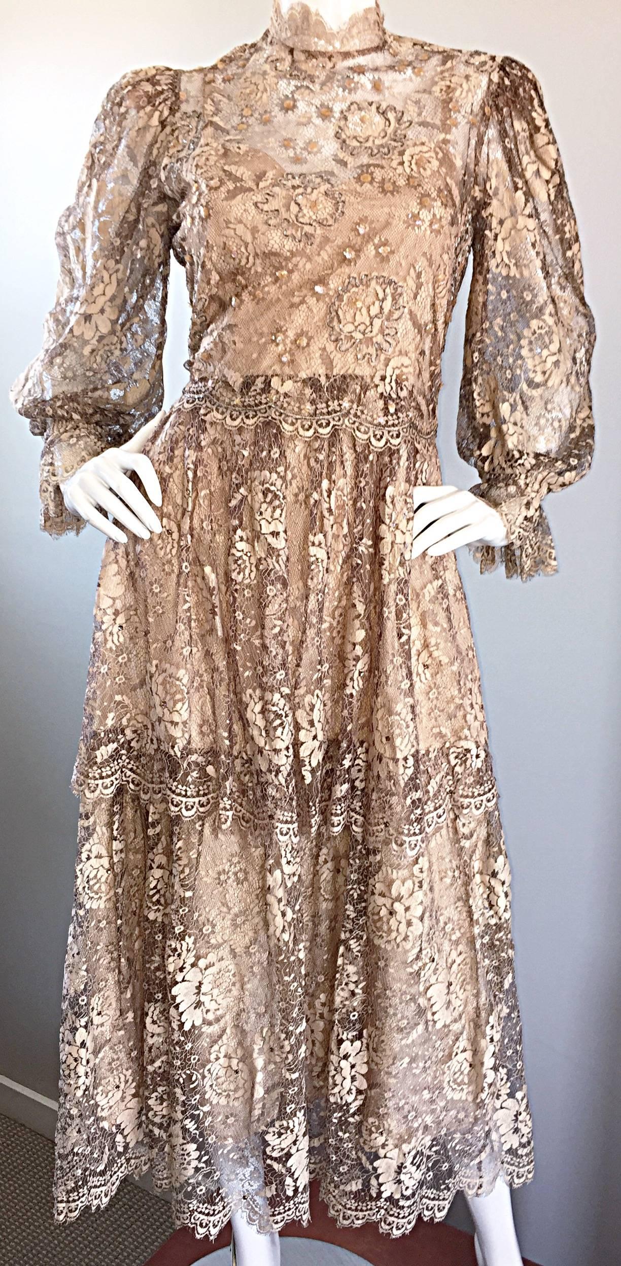Women's Vintage Rina Di Montella Taupe French Lace + Sequin Silk Victorian Dress Set