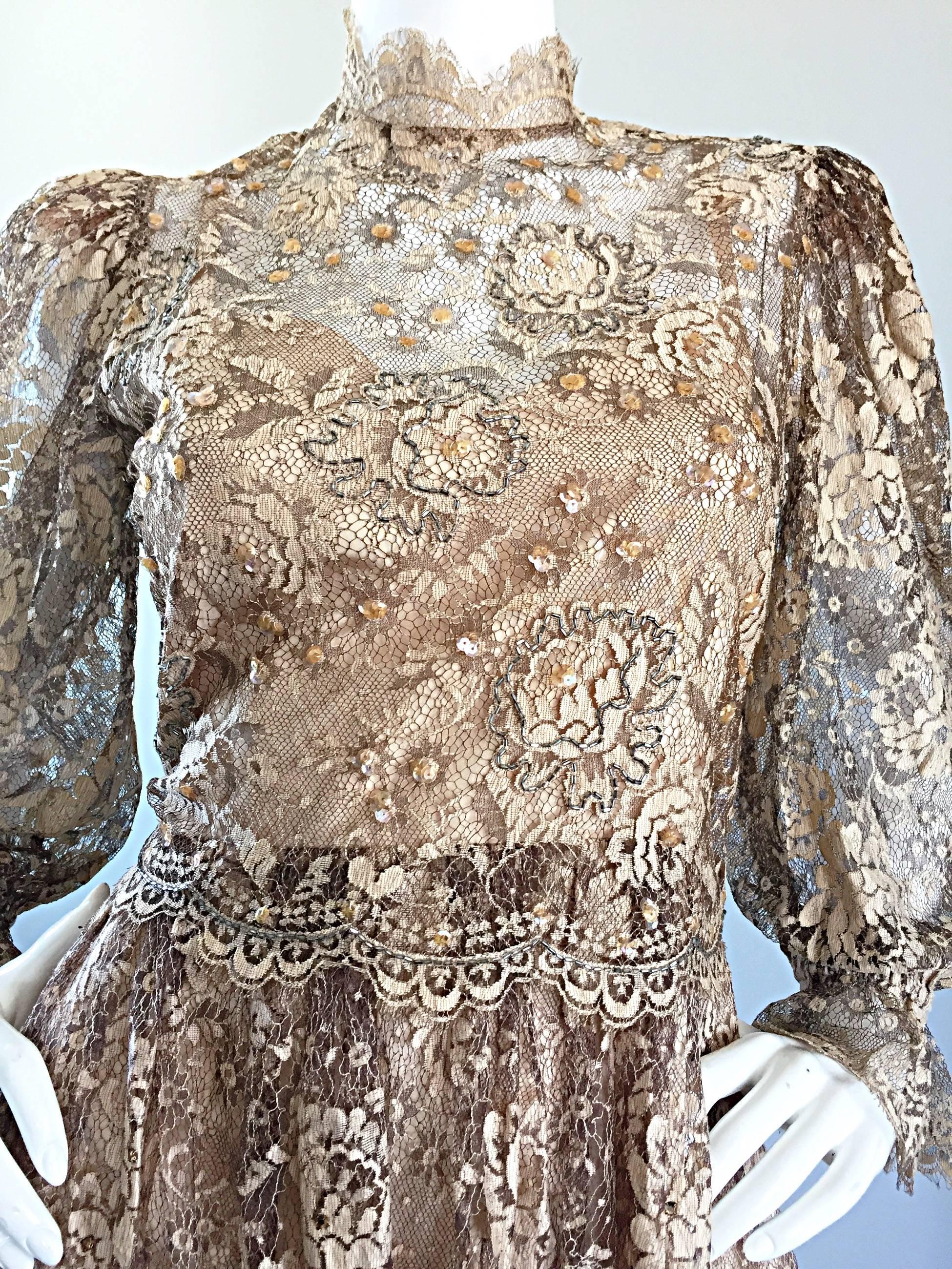 Vintage Rina Di Montella Taupe French Lace + Sequin Silk Victorian Dress Set In Excellent Condition In San Diego, CA