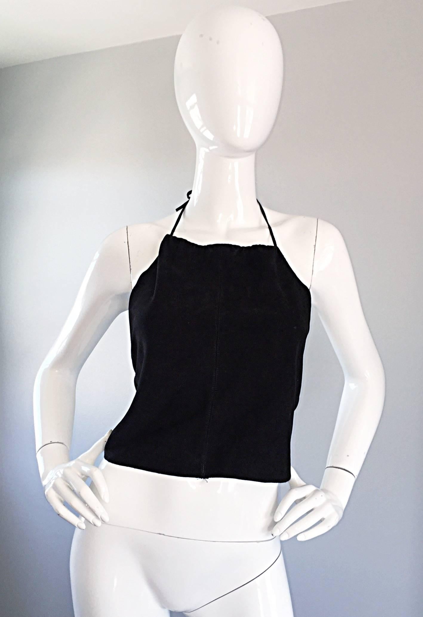 Gemma Kahng Vintage 1990s Black Suede Leather 90s Cropped Halter Top Shirt For Sale 4