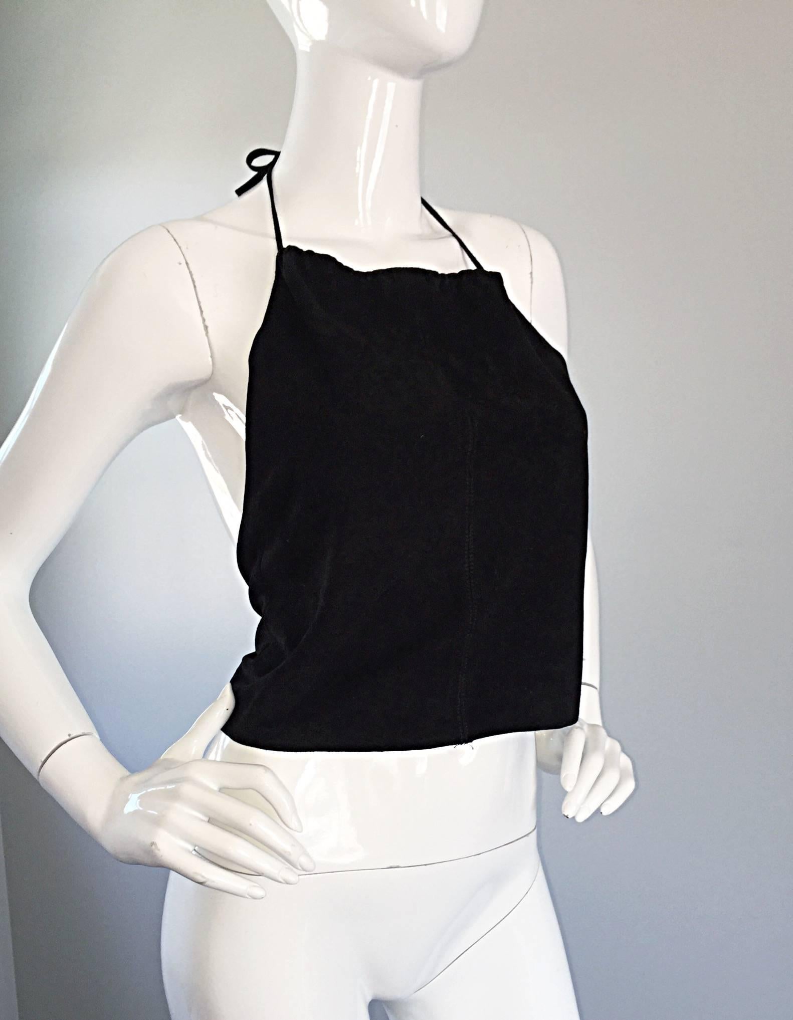 Gemma Kahng Vintage 1990s Black Suede Leather 90s Cropped Halter Top Shirt For Sale 2
