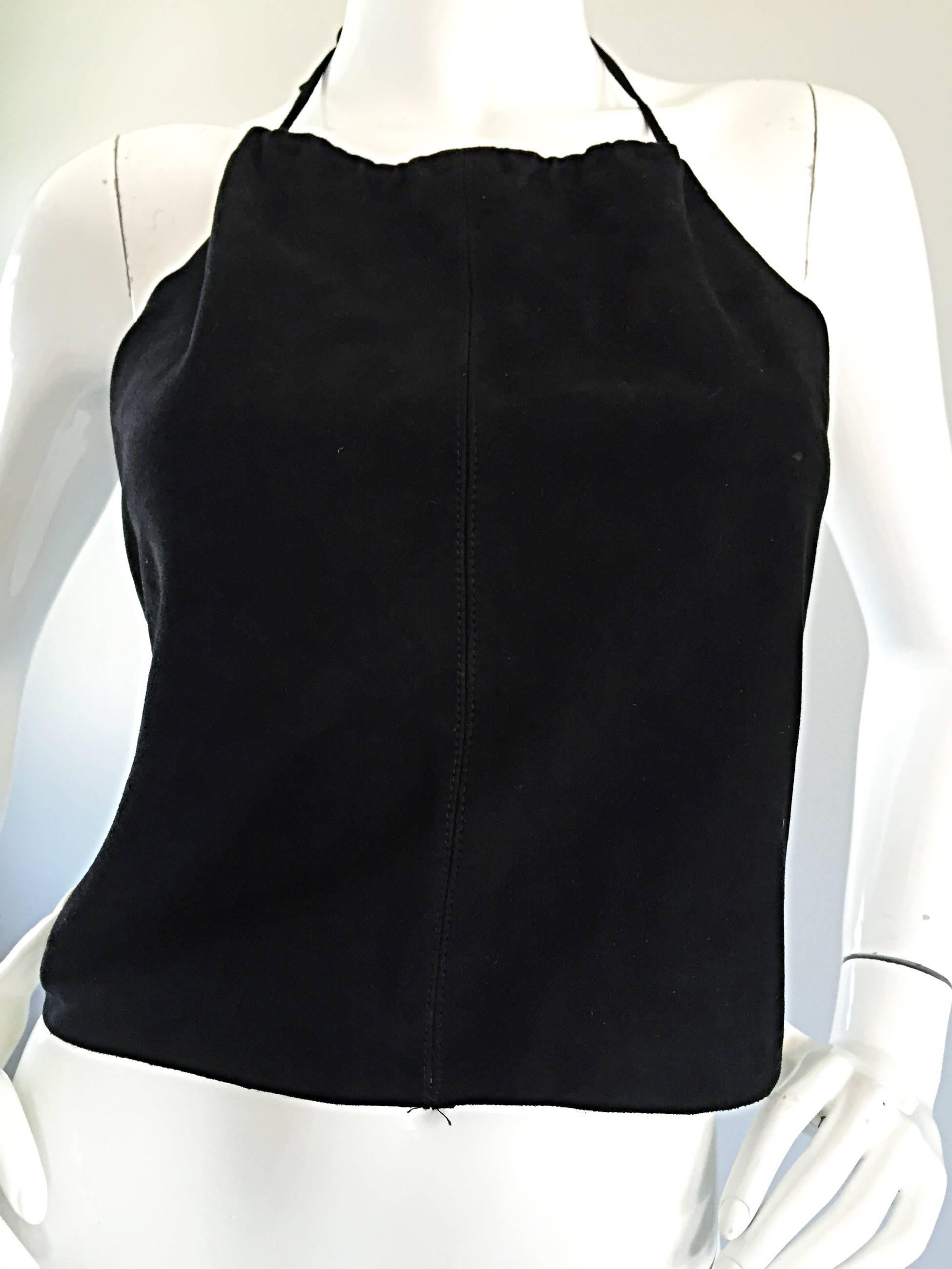 Gemma Kahng Vintage 1990s Black Suede Leather 90s Cropped Halter Top Shirt For Sale 1