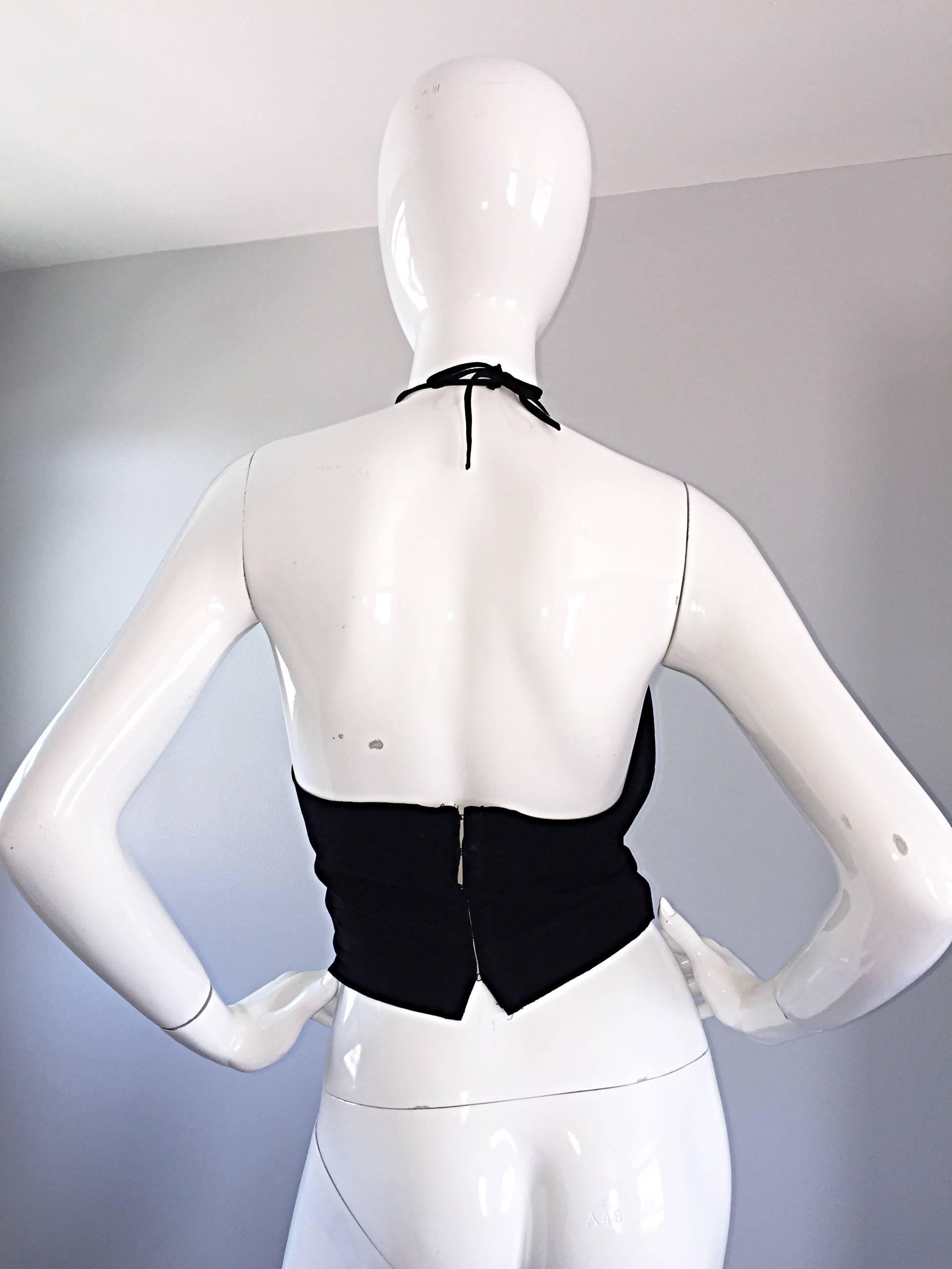 Gemma Kahng Vintage 1990s Black Suede Leather 90s Cropped Halter Top Shirt For Sale 3
