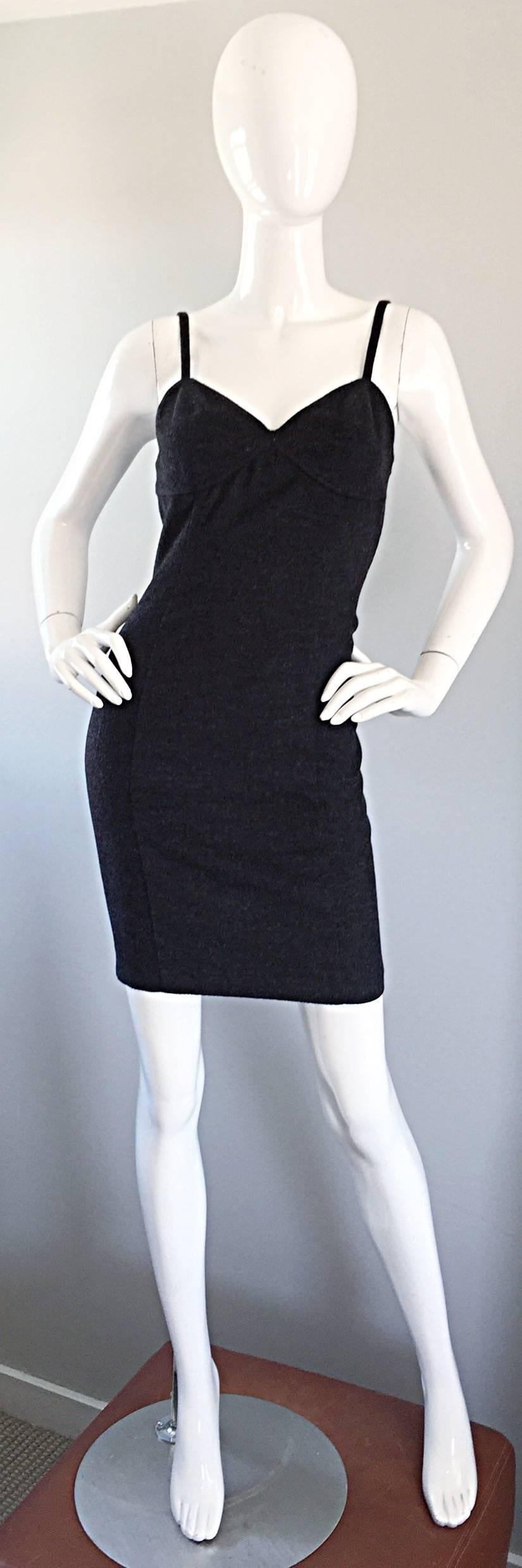 Sexy yet sophisticated vintage MICHAEL KORS early 1990s charcoal gray sleeveless bodcon dress! The perfect alternative to the little black dress! This flattering number really flatters the body, and hugs the curves in all the right places, which