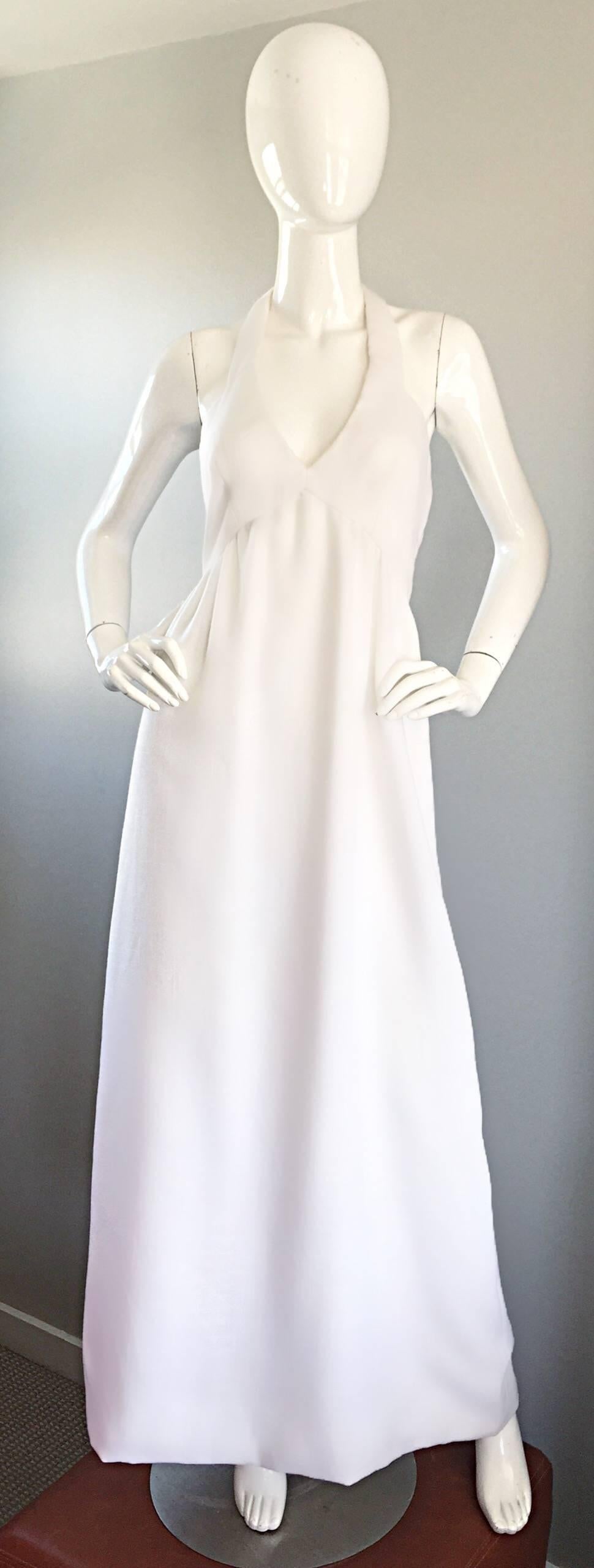 Women's Mollie Parnis Vintage 1970s White Linen 70s Halter Neck Boho Maxi Dress 