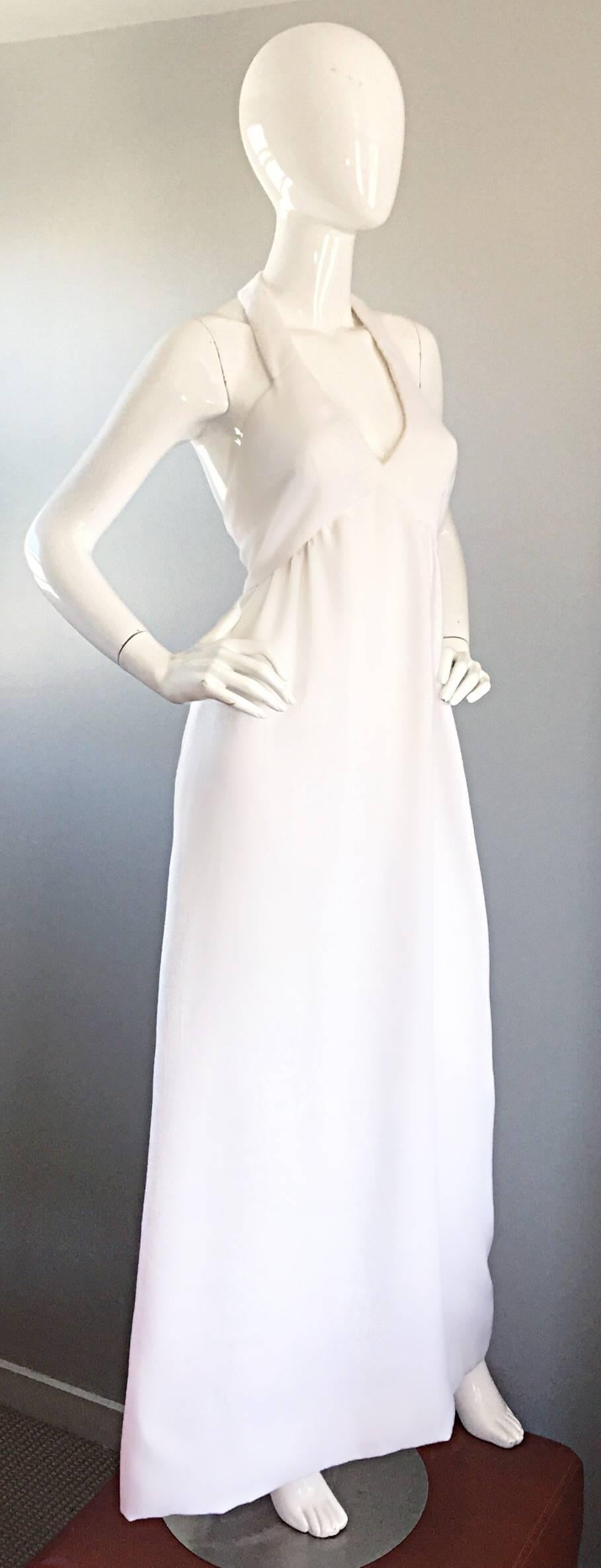 Gray Mollie Parnis Vintage 1970s White Linen 70s Halter Neck Boho Maxi Dress 