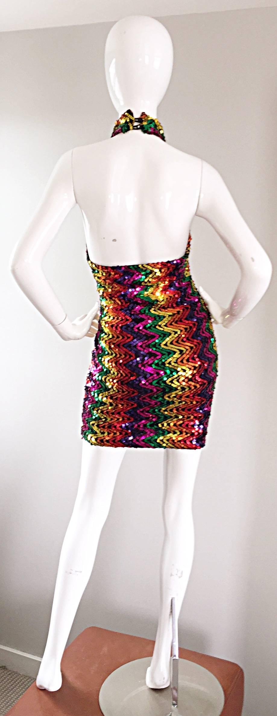 Sexy 1990s Rainbow Sequined French Bodycon Vintage Knit 90s Halter Mini ...